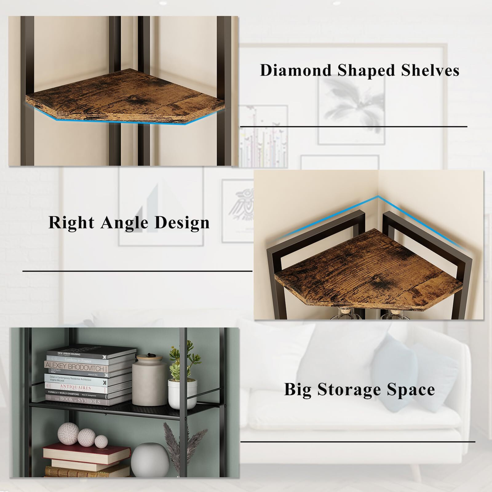 Gillas 5 Tier Corner Shelf Stand, Freestanding Corner Shelf Unit Bookshelf, Corner Table With Shelf, Tall Storage Organizer Rack For Living Room, Bedroom, Office. Small Space, Metal, Country Rustic