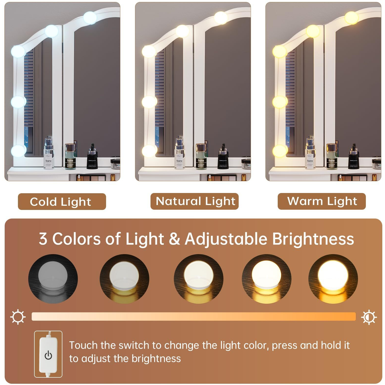 Tiptiper Vanity Table Set With Lighted Tri-Folding Mirror, Makeup Vanity With Lights & 3 Color Lighting Modes, Vanity Desk With Mirror And Cushioned Stool, Makeup Table With 5 Drawers, White