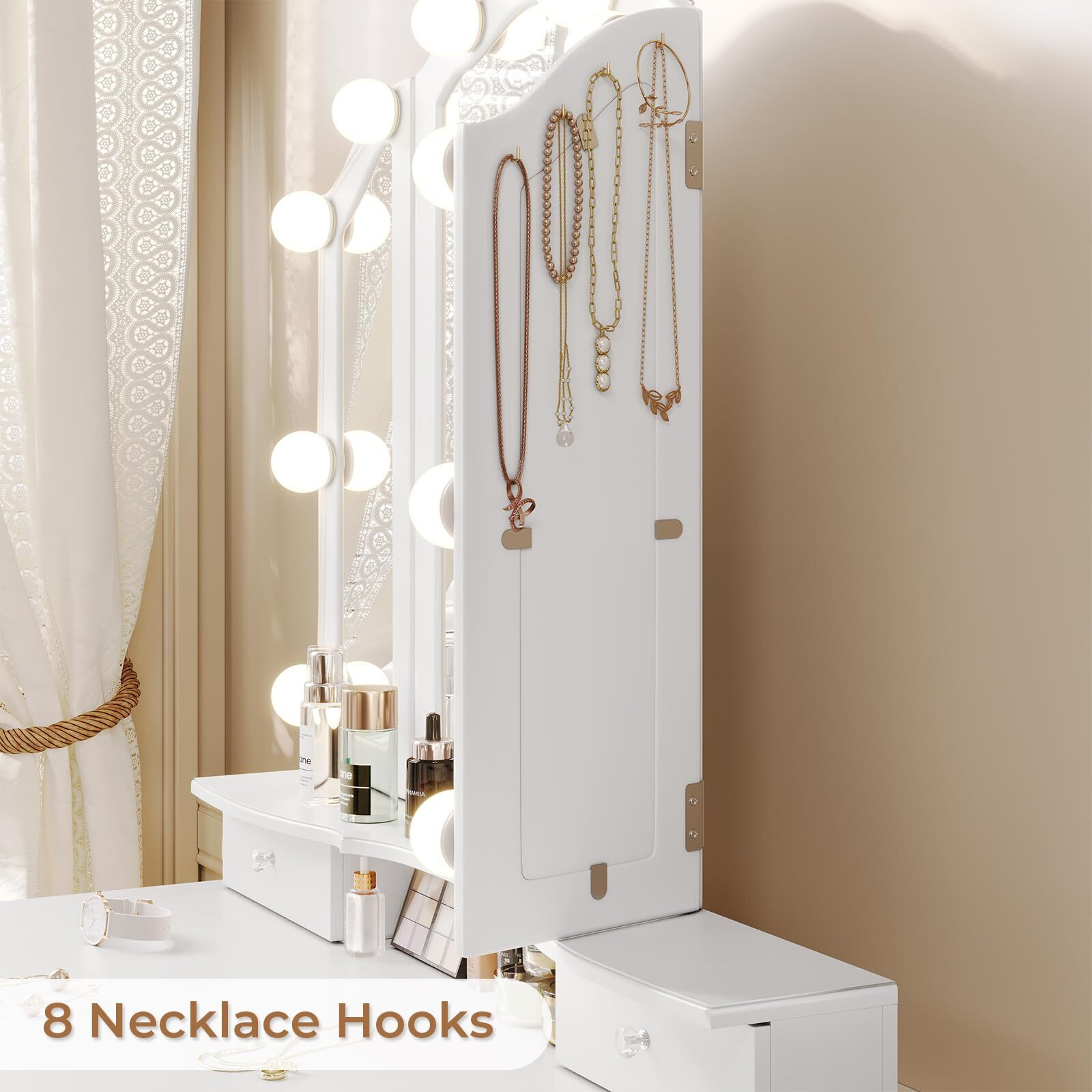 Tiptiper Vanity Table Set With Lighted Tri-Folding Mirror, Makeup Vanity With Lights & 3 Color Lighting Modes, Vanity Desk With Mirror And Cushioned Stool, Makeup Table With 5 Drawers, White