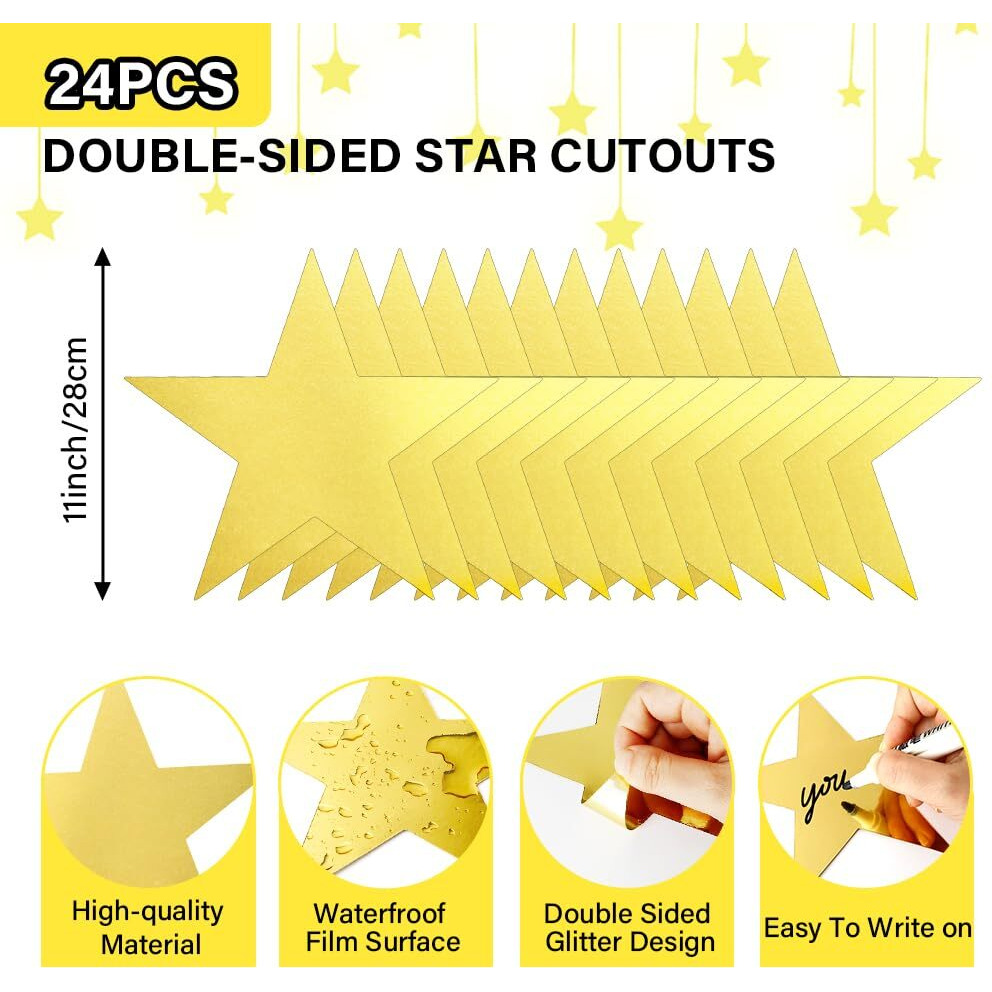 24Pcs Gold Star Cutouts, 11 Inch Large Double Printed Paper Stars Cutouts, Cardboard Star Cutouts, Glitter Stars Decorations For Classroom Wall Movie Night Bulletin Board Party Supply