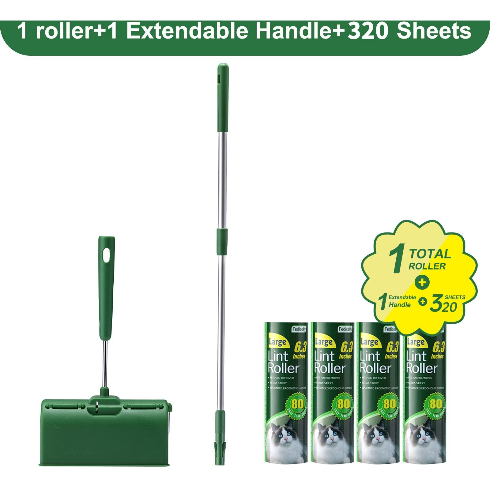Fedicelly Large Lint Rollers Pet Hair Extra Sticky Floor, Cat Dog Hair Remover Laundry Clothes Carpet Furniture,6.3 Inches Wider With 320 Sheets Giant Lint Remover Brush For Couch With Long Handle