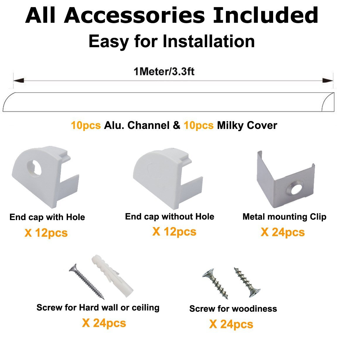 Hunhun 10-Pack 3.3Ft/1Meter V Shape Led Aluminum Channel System With Milky Cover, End Caps And Mounting Clips, Aluminum Profile For Led Strip Light Installations, Very Easy Installation