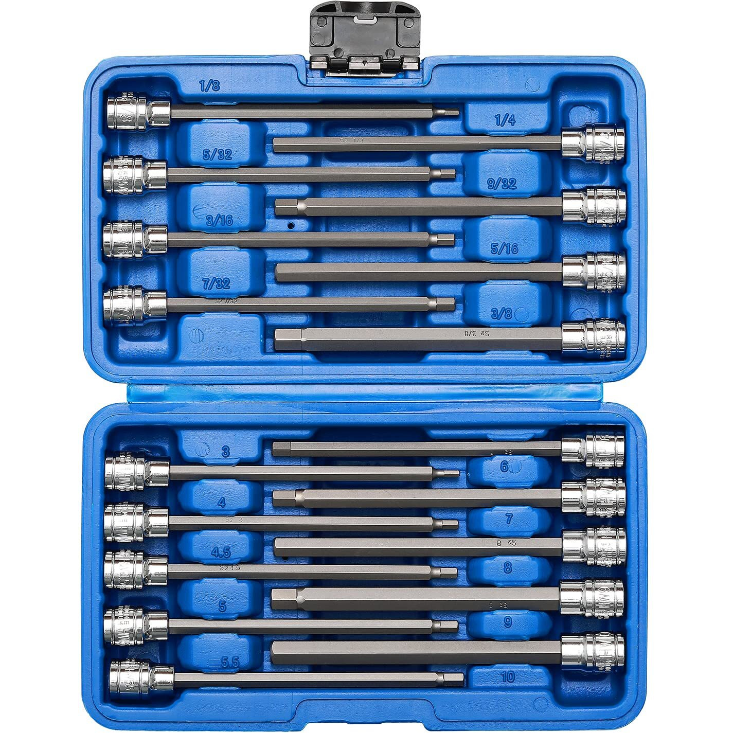Ementol 18Pcs 3/8" Drive Long Hex Bit Socket Set, Cr-V, S2 Steel, Sae/Metric, Extra Long Allen Hex Bit Socket Set, 1/8 Inch - 3/8 Inch, 3Mm - 10Mm