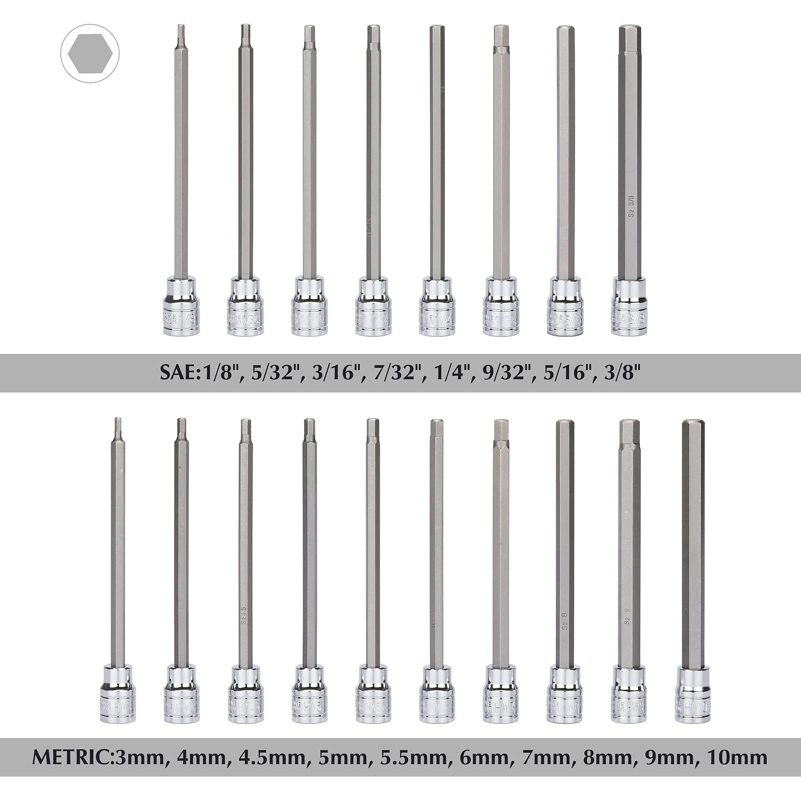 Ementol 18Pcs 3/8" Drive Long Hex Bit Socket Set, Cr-V, S2 Steel, Sae/Metric, Extra Long Allen Hex Bit Socket Set, 1/8 Inch - 3/8 Inch, 3Mm - 10Mm