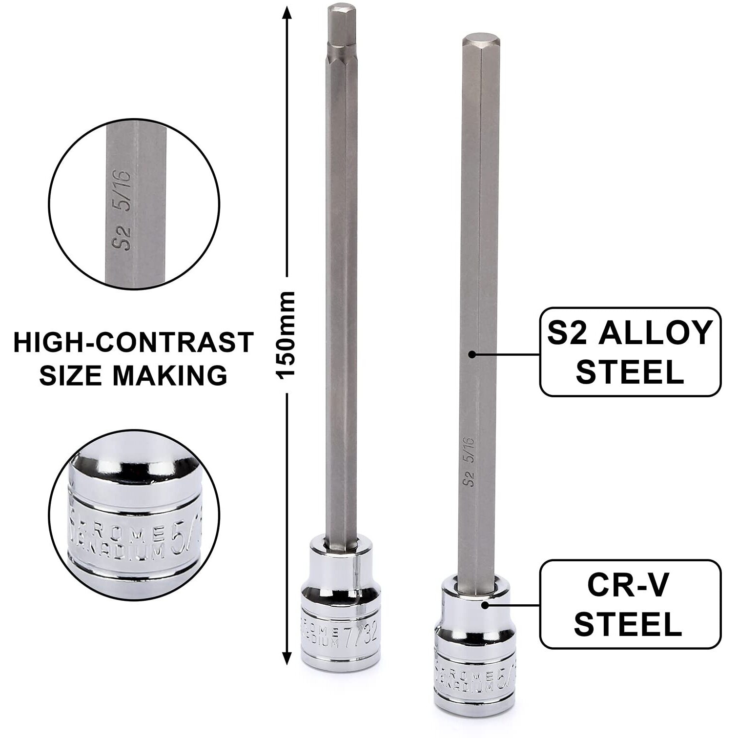 Ementol 18Pcs 3/8" Drive Long Hex Bit Socket Set, Cr-V, S2 Steel, Sae/Metric, Extra Long Allen Hex Bit Socket Set, 1/8 Inch - 3/8 Inch, 3Mm - 10Mm