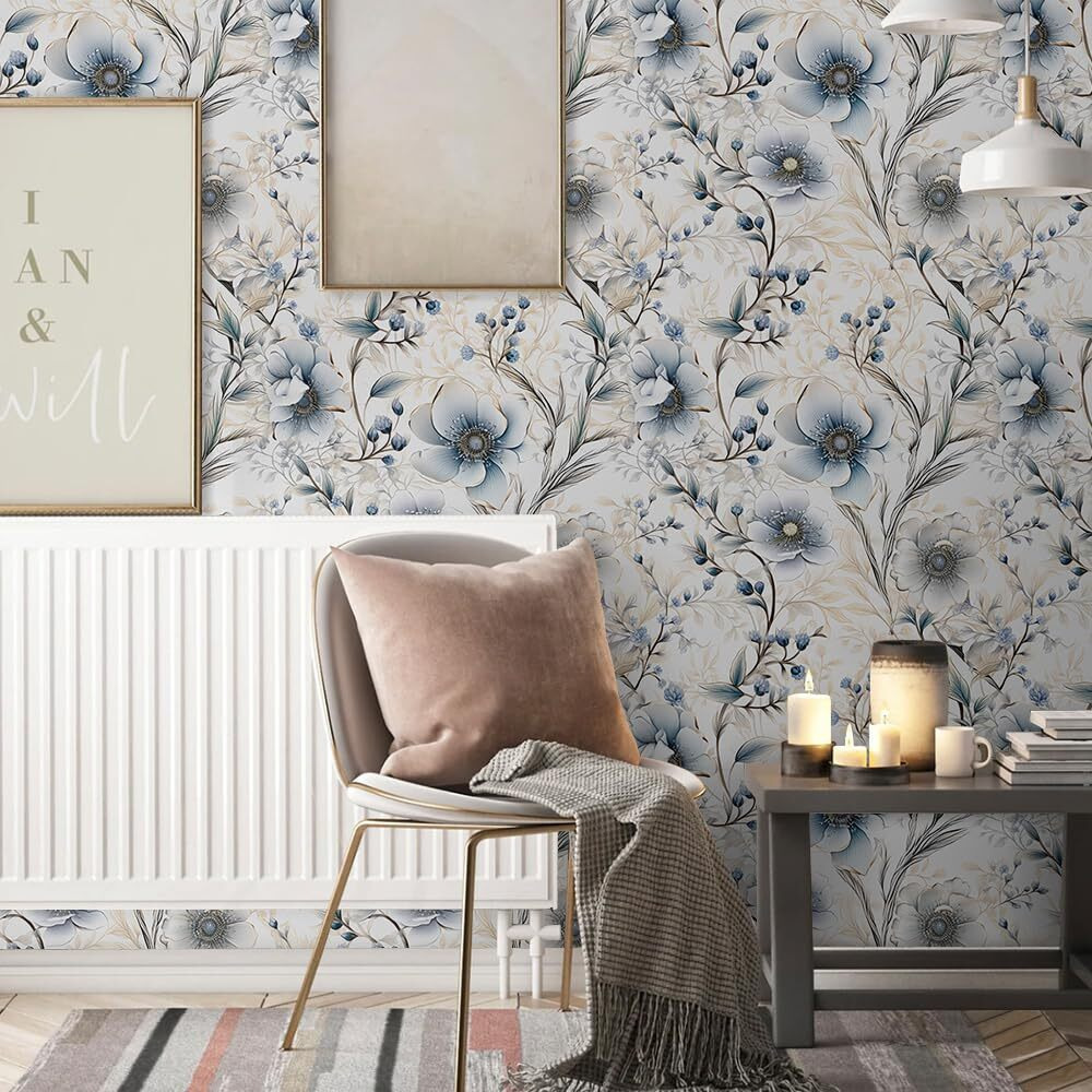 Beetal Silver Floral Grey/Blue/White Poppy Flowers Peel And Stick Wallpaper Easy Peel Off Contact Paper Stick On Adhesive Wall Paper For Bathroom Waterproof Renter Friendly