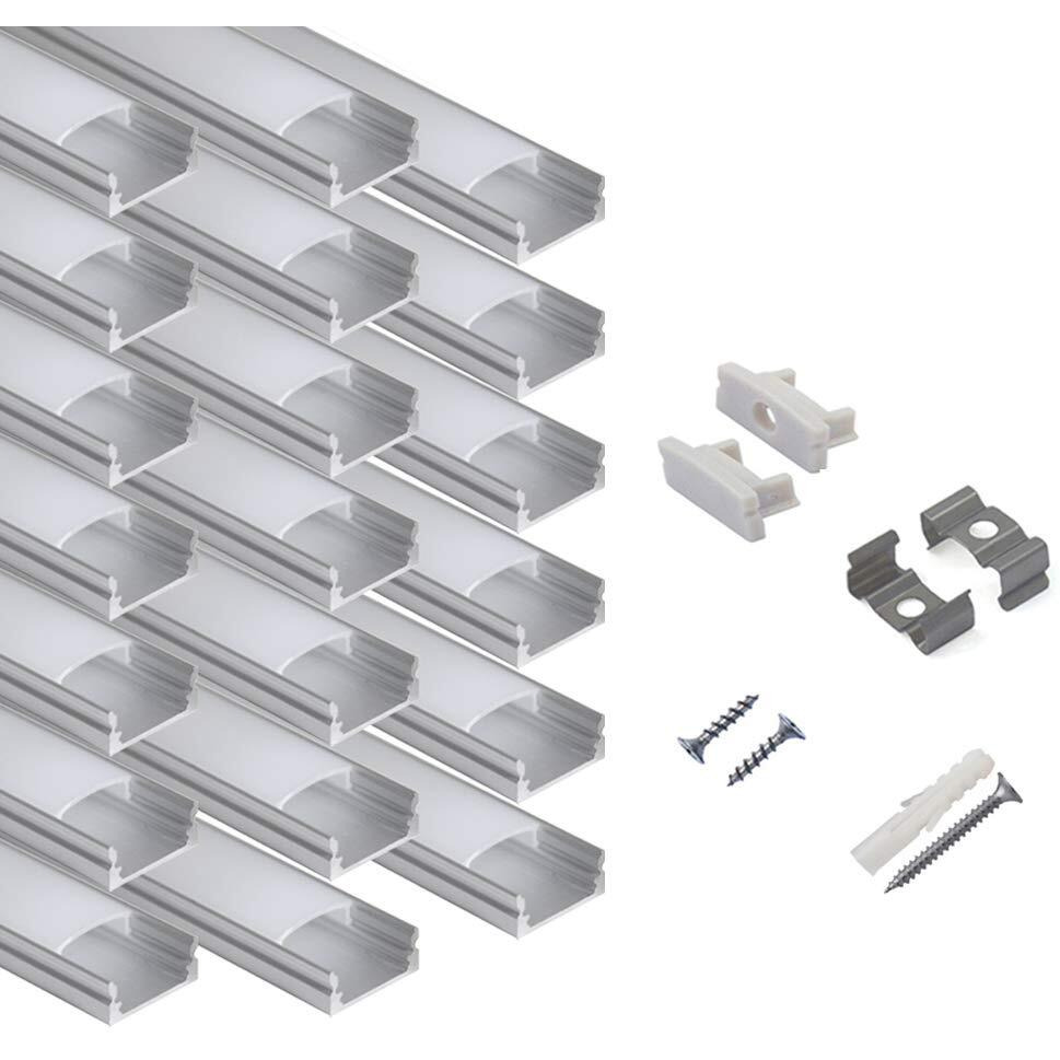 Hunhun 20-Pack 6.6Ft/ 2Meter U Shape Led Aluminum Channel System With Milky Cover, End Caps And Mounting Clips, Aluminum Profile For Led Strip Light Installations, Very Easy Installation
