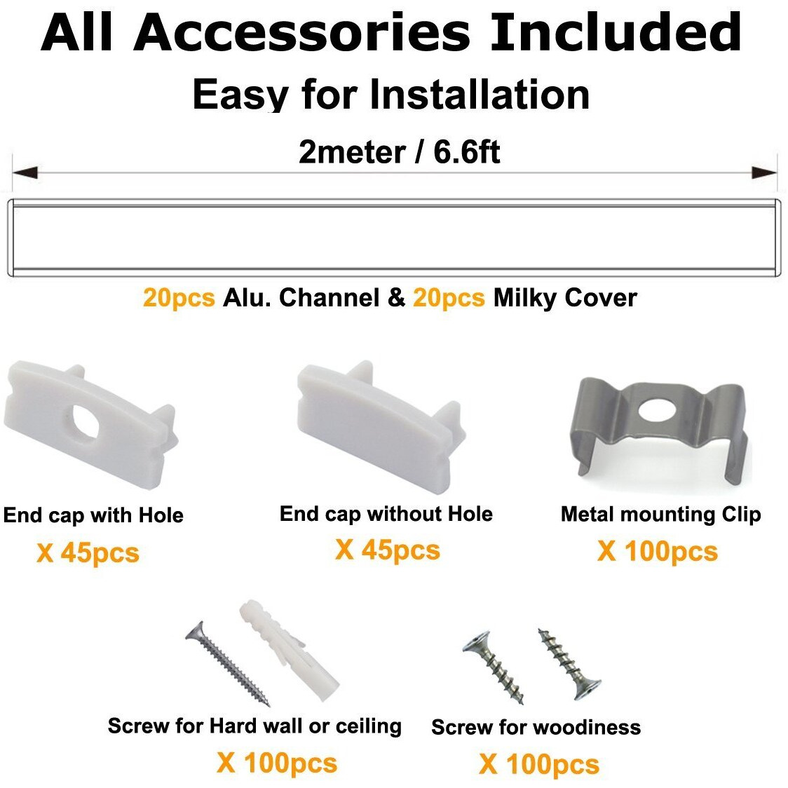 Hunhun 20-Pack 6.6Ft/ 2Meter U Shape Led Aluminum Channel System With Milky Cover, End Caps And Mounting Clips, Aluminum Profile For Led Strip Light Installations, Very Easy Installation