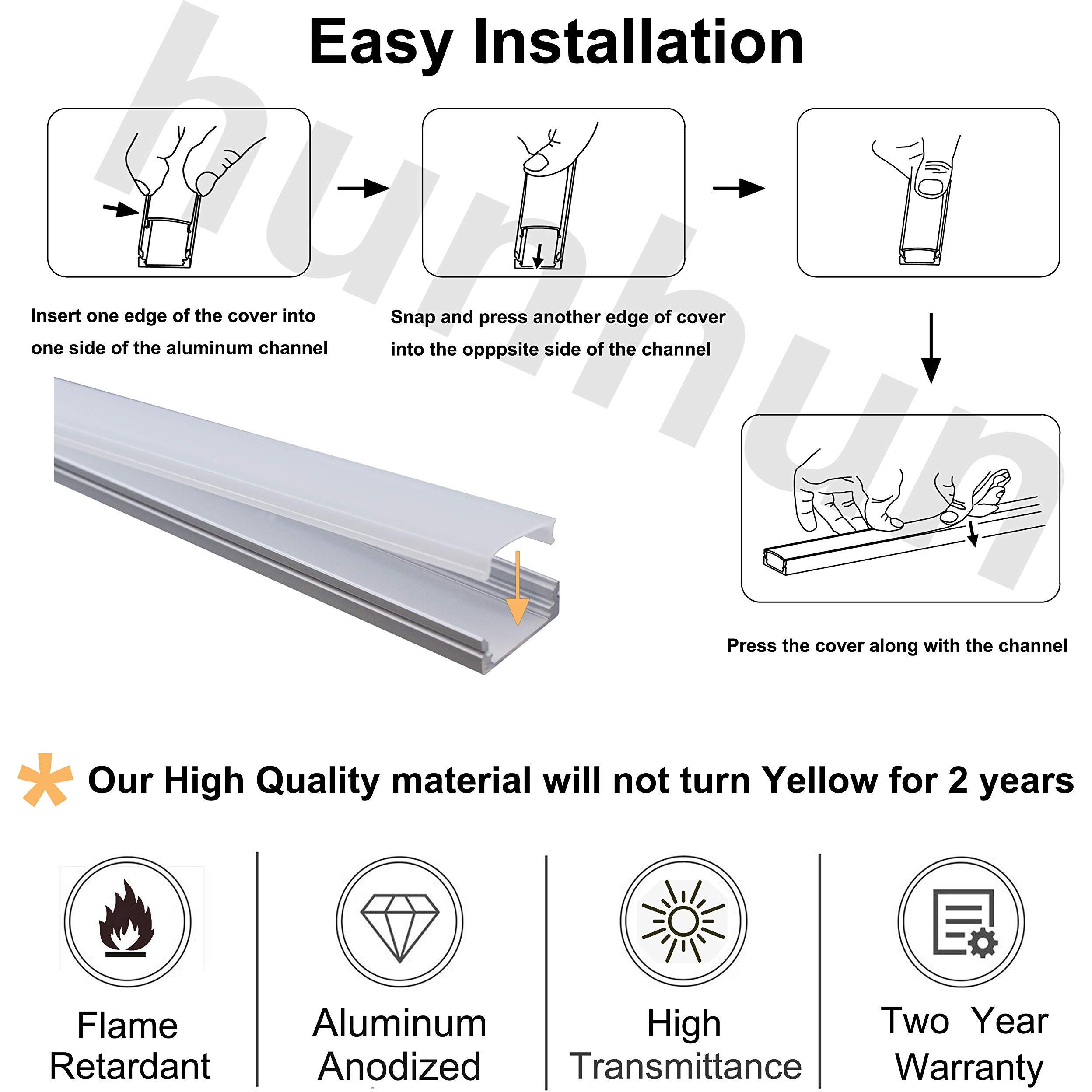Hunhun 20-Pack 6.6Ft/ 2Meter U Shape Led Aluminum Channel System With Milky Cover, End Caps And Mounting Clips, Aluminum Profile For Led Strip Light Installations, Very Easy Installation