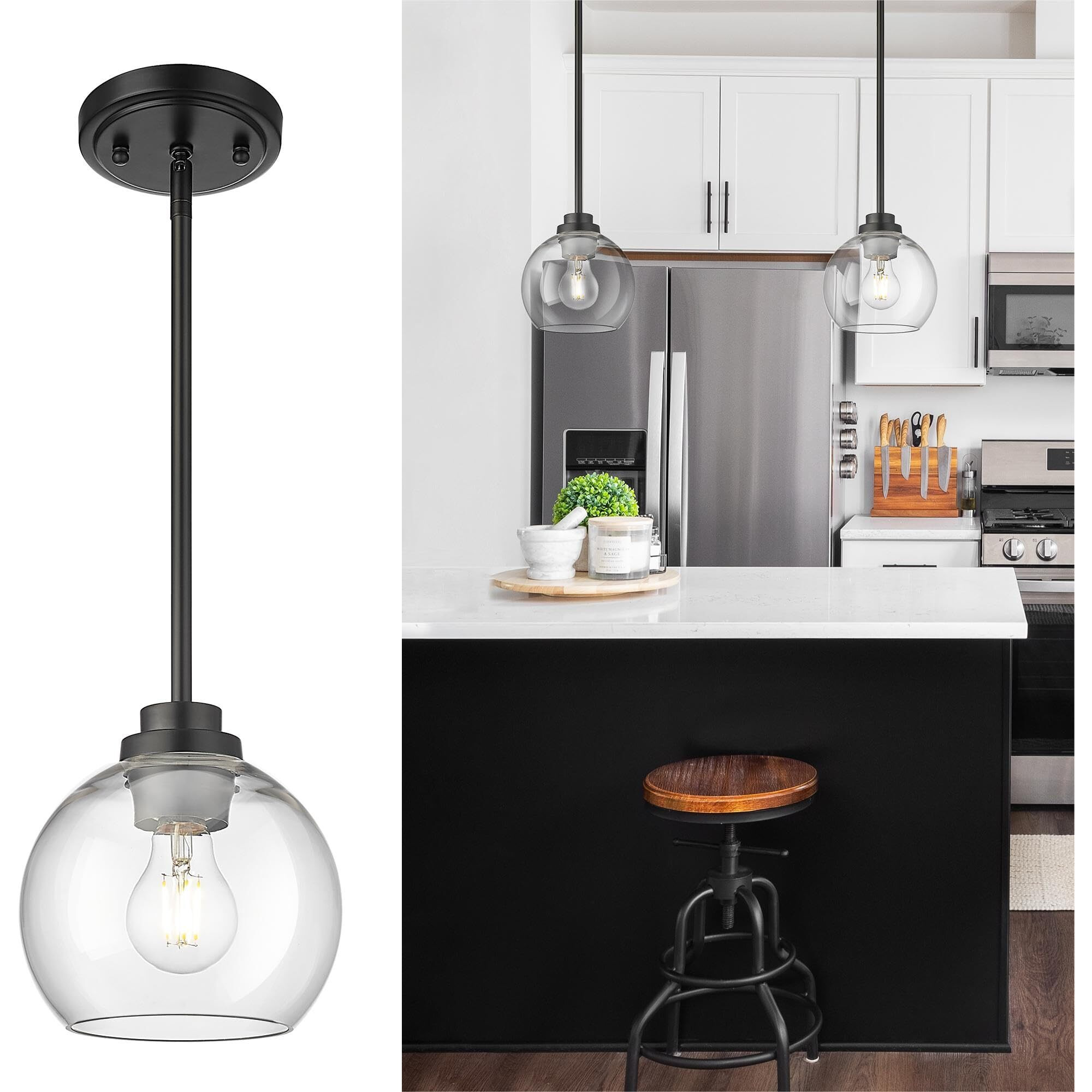 Audickic Pendant Lights Kitchen Island, 7" Modern Black Hanging Lights Fixtures With Clear Glass Globe Shade, Kitchen Island Lighting For Bathroom, Ad-22280-1P-Bk-C