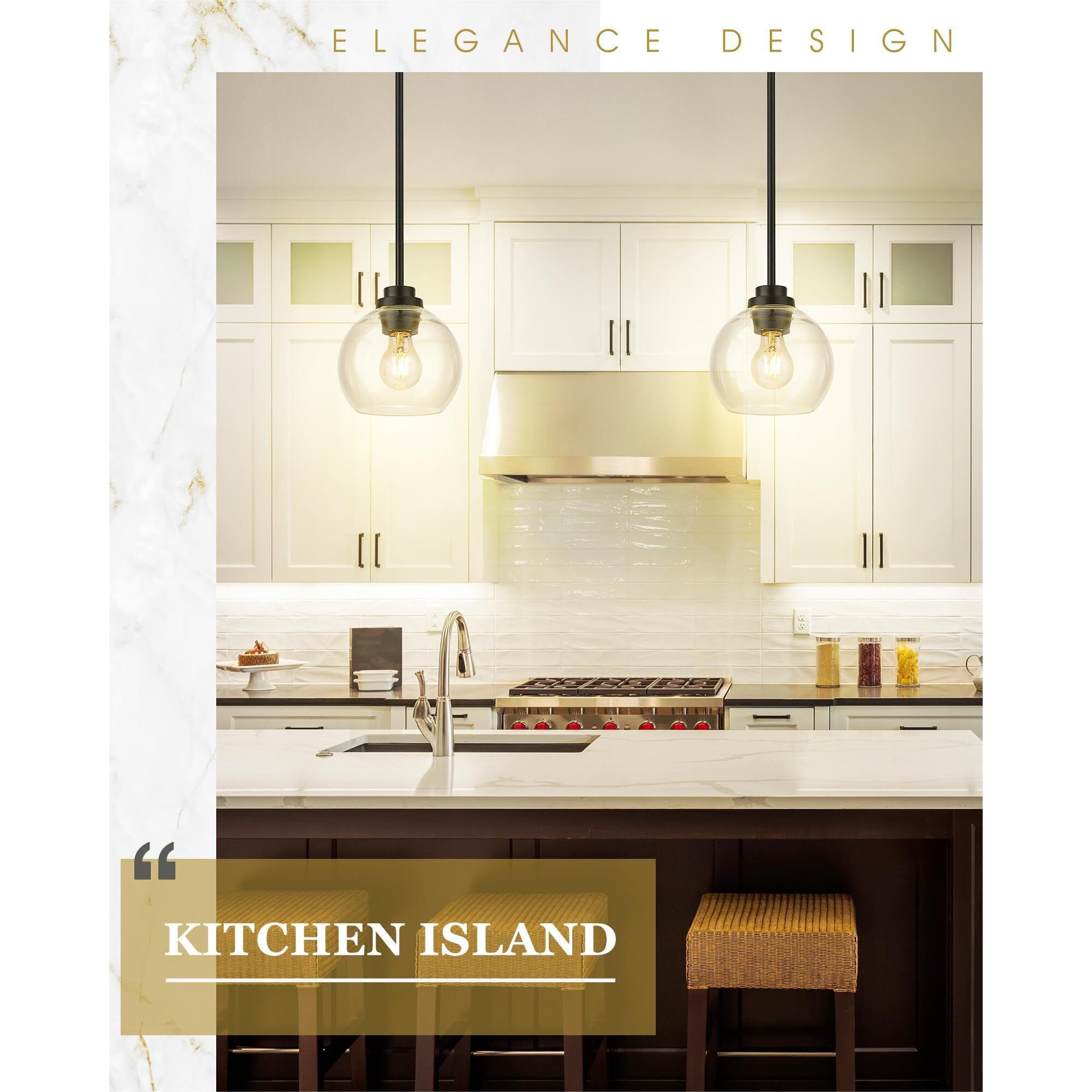 Audickic Pendant Lights Kitchen Island, 7" Modern Black Hanging Lights Fixtures With Clear Glass Globe Shade, Kitchen Island Lighting For Bathroom, Ad-22280-1P-Bk-C