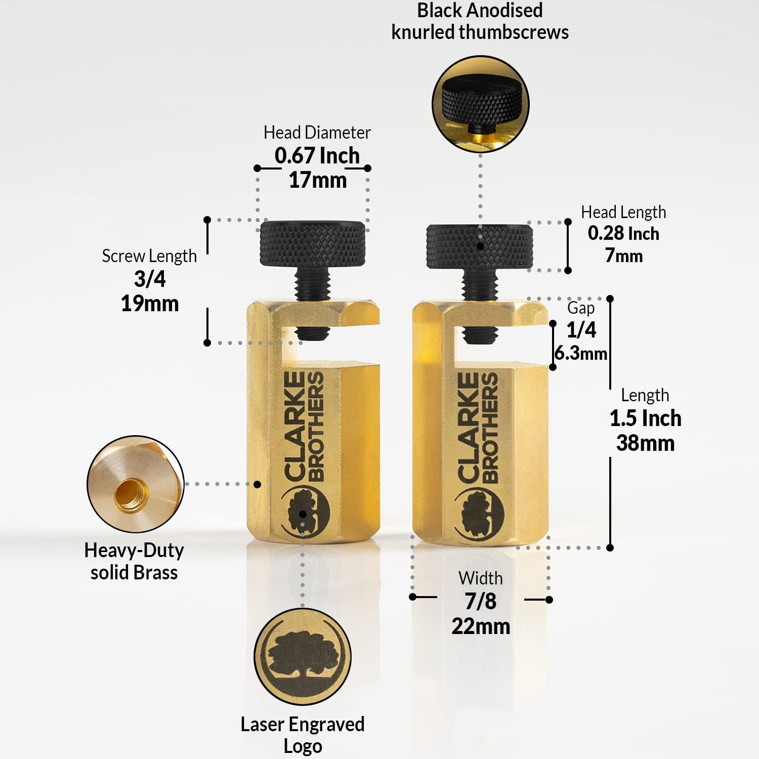 Clarke Brothers Stair Gauge - 2Pcs Stair Tread Gauge For Conventional Framing Square Or Carpentry Square - Heavy-Duty Brass Stair Gauge Set - Large Knob Size - Long Brass Body