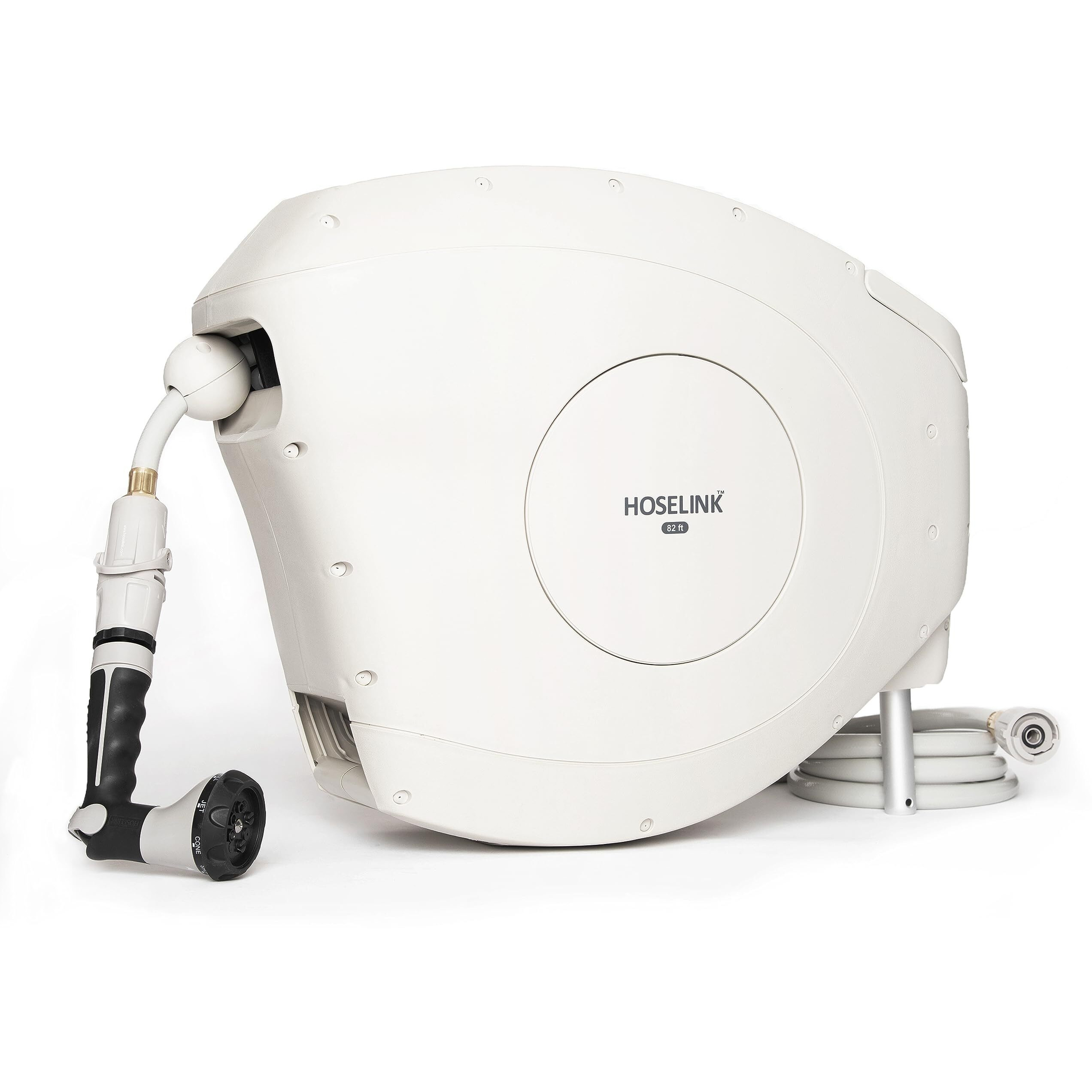 Hoselink Beige, 82Ft Automatic Retractable Garden Hose Reel, 9/16, 8-Pattern Spray Nozzle, Uv-Stabilized Kink-Free Hose, Wall Mounted Complete Watering Solution For Backyard, Garden & Outdoor