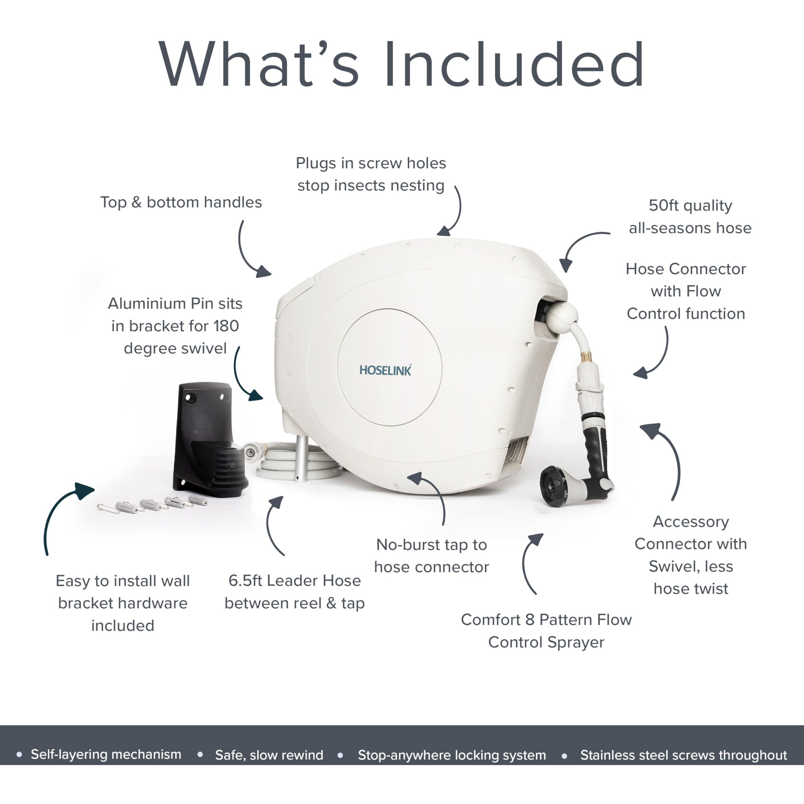 Hoselink Beige, 82Ft Automatic Retractable Garden Hose Reel, 9/16, 8-Pattern Spray Nozzle, Uv-Stabilized Kink-Free Hose, Wall Mounted Complete Watering Solution For Backyard, Garden & Outdoor