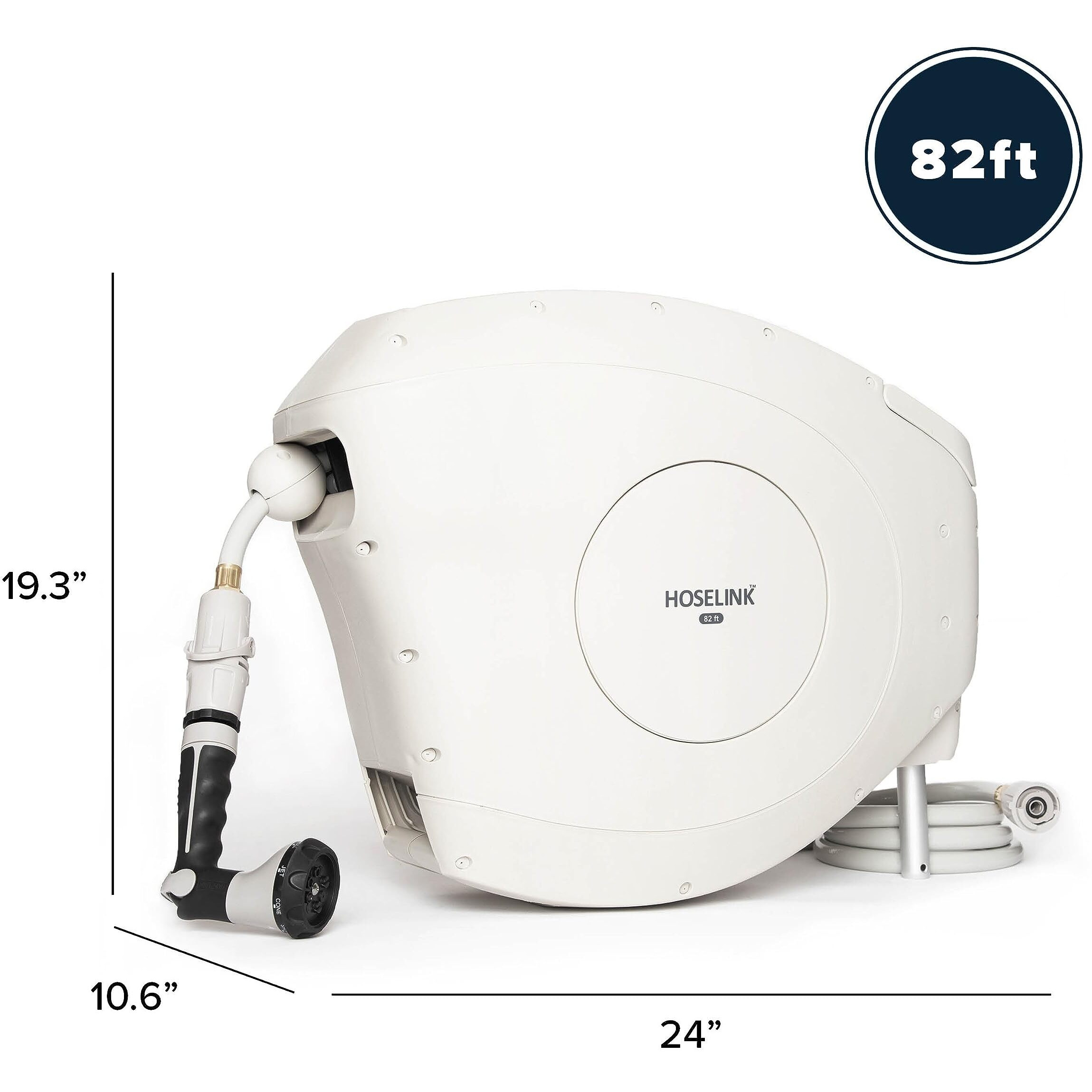 Hoselink Beige, 82Ft Automatic Retractable Garden Hose Reel, 9/16, 8-Pattern Spray Nozzle, Uv-Stabilized Kink-Free Hose, Wall Mounted Complete Watering Solution For Backyard, Garden & Outdoor