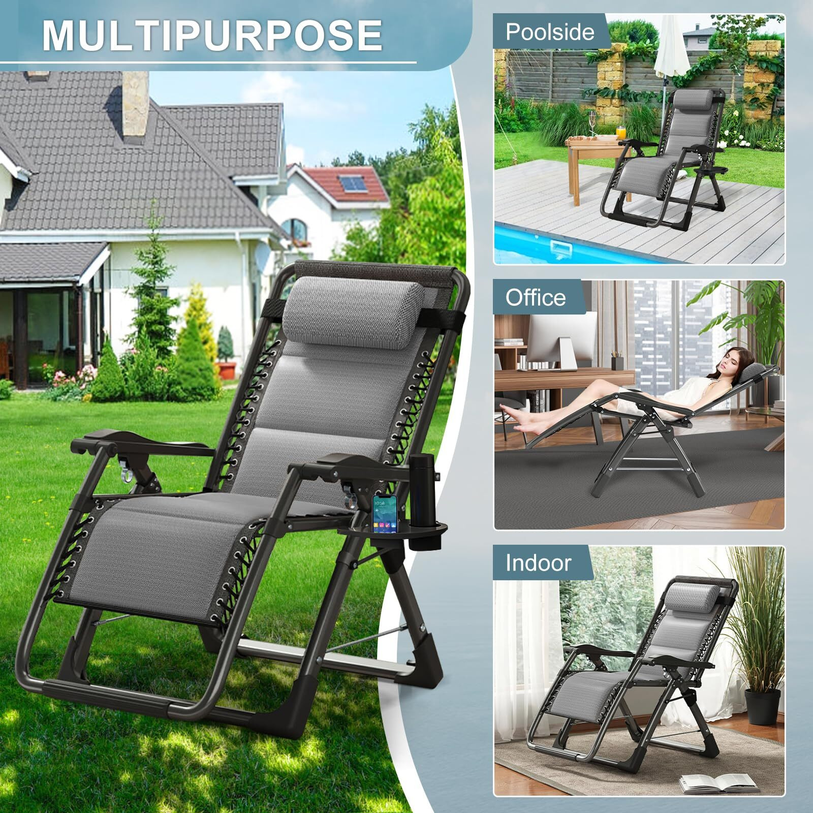 Aboron Zero Gravity Chair,Premium Outdoor Lawn Folding Lounge Chairs,Sturdy Adjustable Reclining Patio Chairs With Built In Cushion,Headrest & Tray