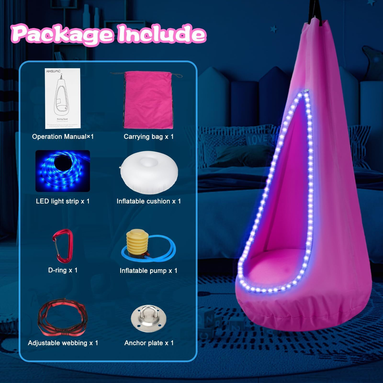 Aihsumc Light Up Kids Pod Swing Seat, Max 260Lbs Sensory Swing For Kids With Usb Led Lights And Inflatable Pillow, Autism Swing With Pocket Hanging Hammock Chair For Outdoor And Indoor(Pink)