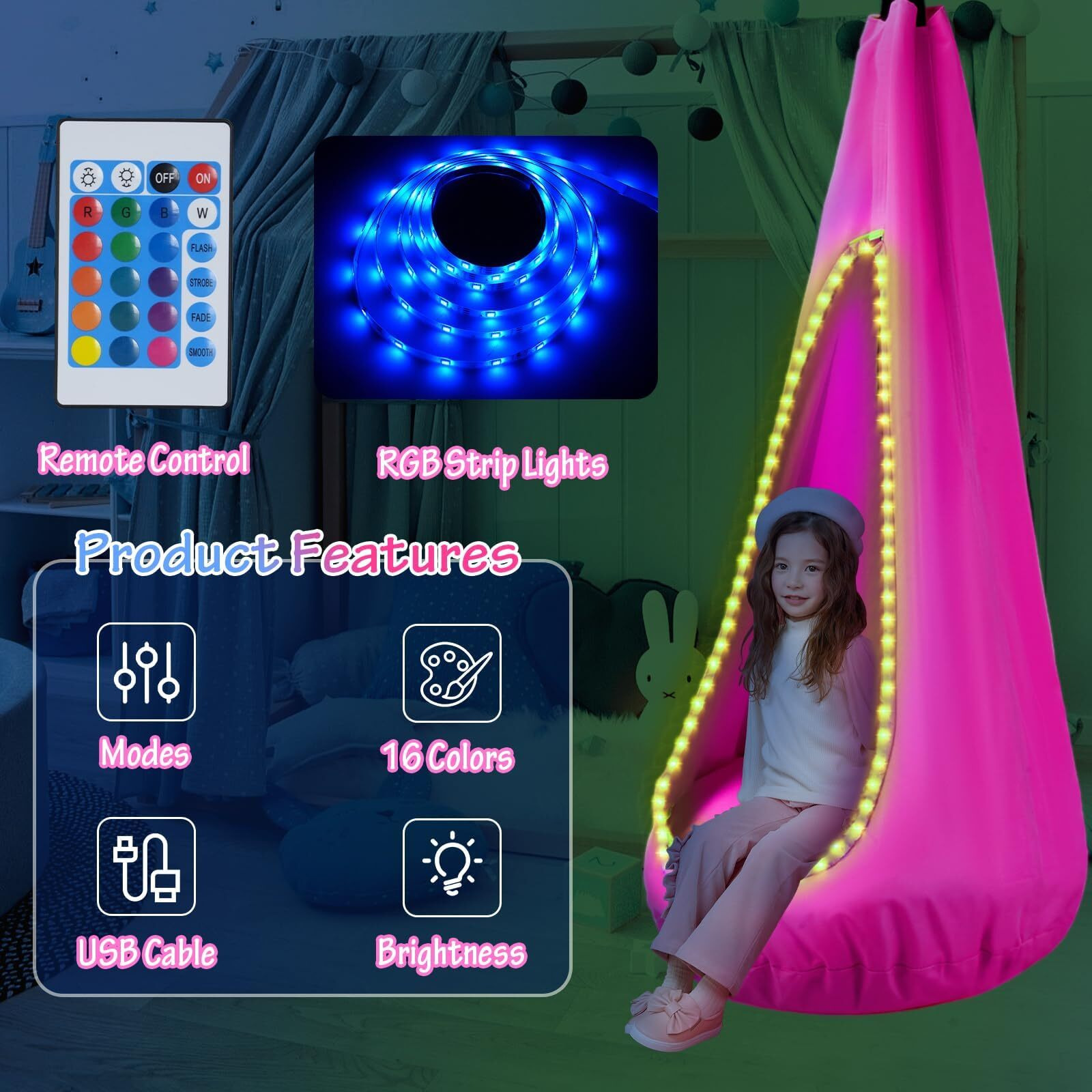 Aihsumc Light Up Kids Pod Swing Seat, Max 260Lbs Sensory Swing For Kids With Usb Led Lights And Inflatable Pillow, Autism Swing With Pocket Hanging Hammock Chair For Outdoor And Indoor(Pink)