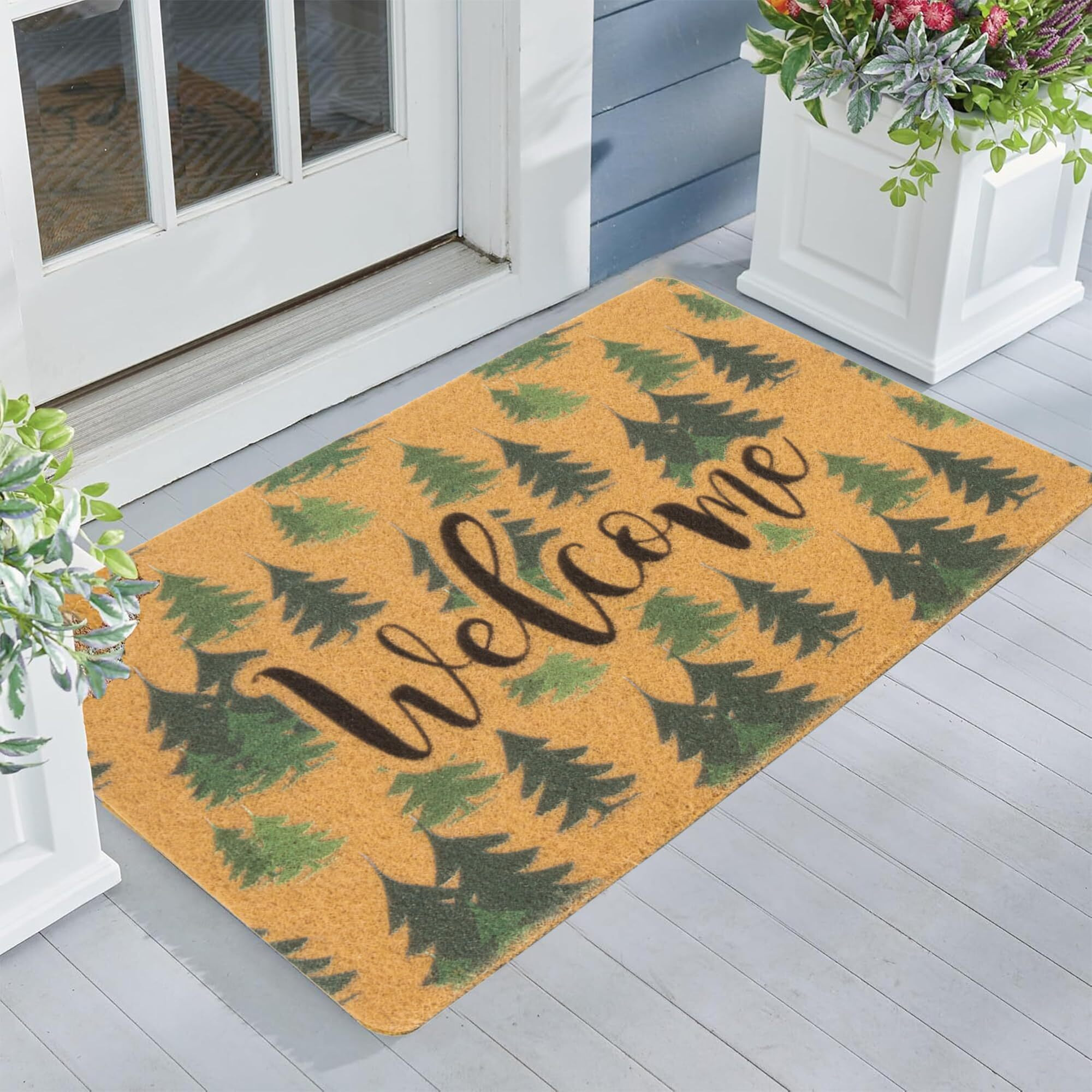 Izus Non-Slip Floral Out-Doormats For Spring Summer,Flower-Hello Imitation-Coir Welcome-Mats Home Porch Farmhouse Decor 17X30 (Welcome-Green Pine Tree, 17X30)