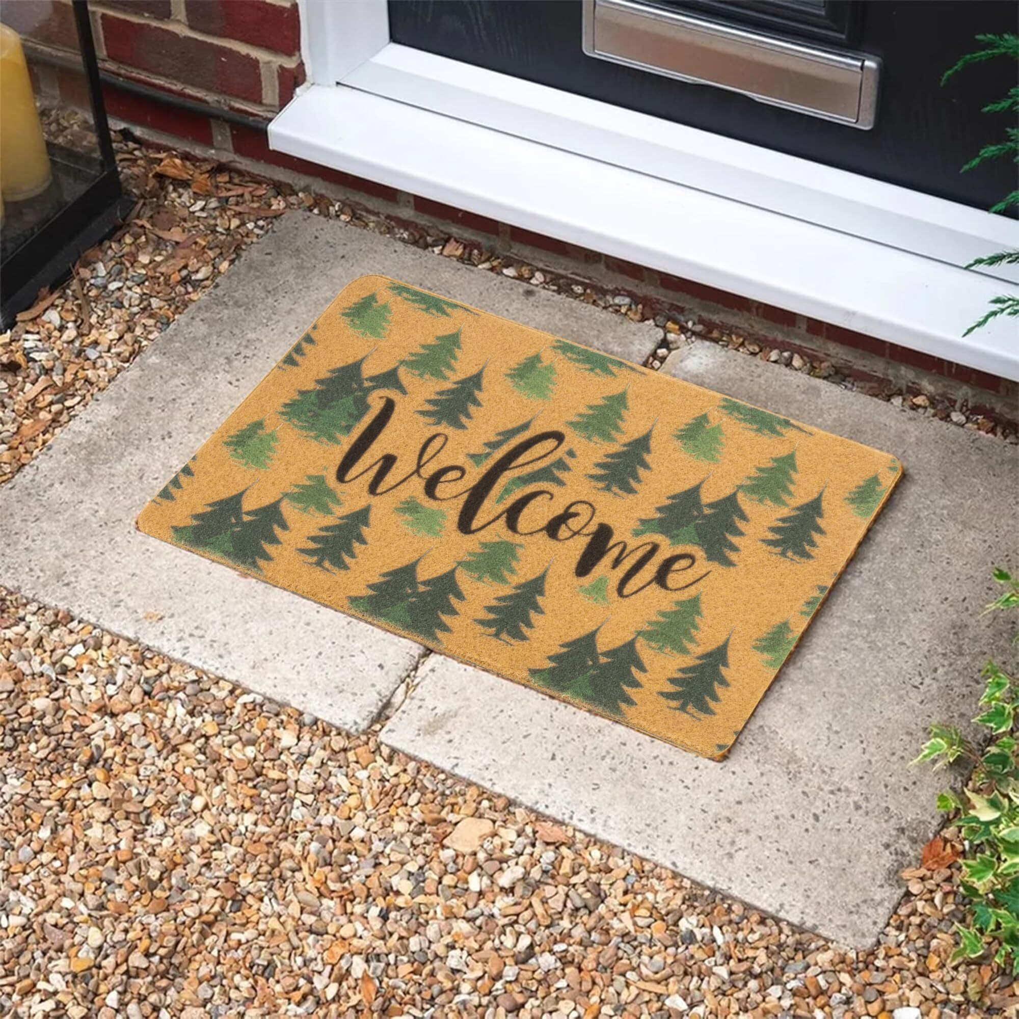 Izus Non-Slip Floral Out-Doormats For Spring Summer,Flower-Hello Imitation-Coir Welcome-Mats Home Porch Farmhouse Decor 17X30 (Welcome-Green Pine Tree, 17X30)