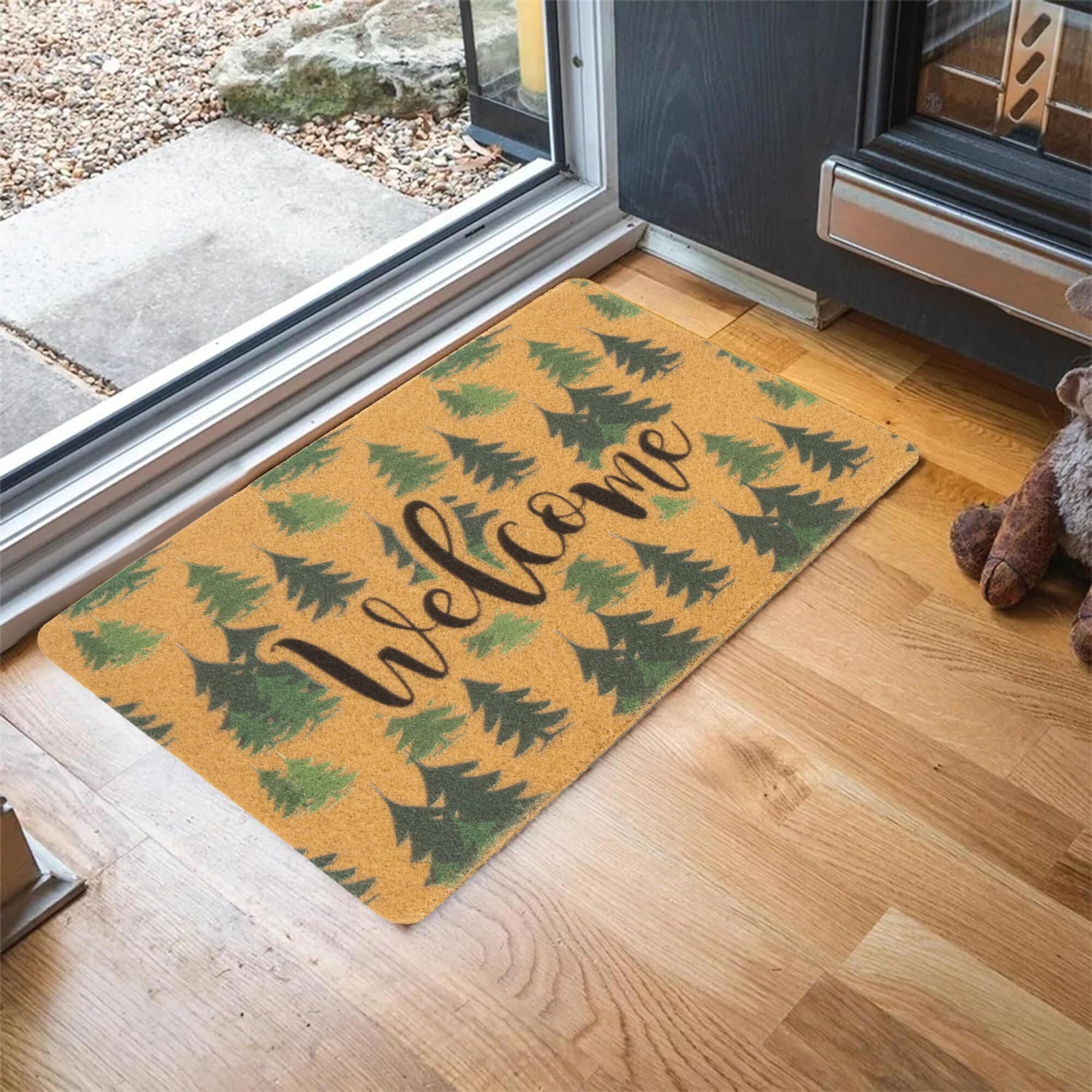 Izus Non-Slip Floral Out-Doormats For Spring Summer,Flower-Hello Imitation-Coir Welcome-Mats Home Porch Farmhouse Decor 17X30 (Welcome-Green Pine Tree, 17X30)