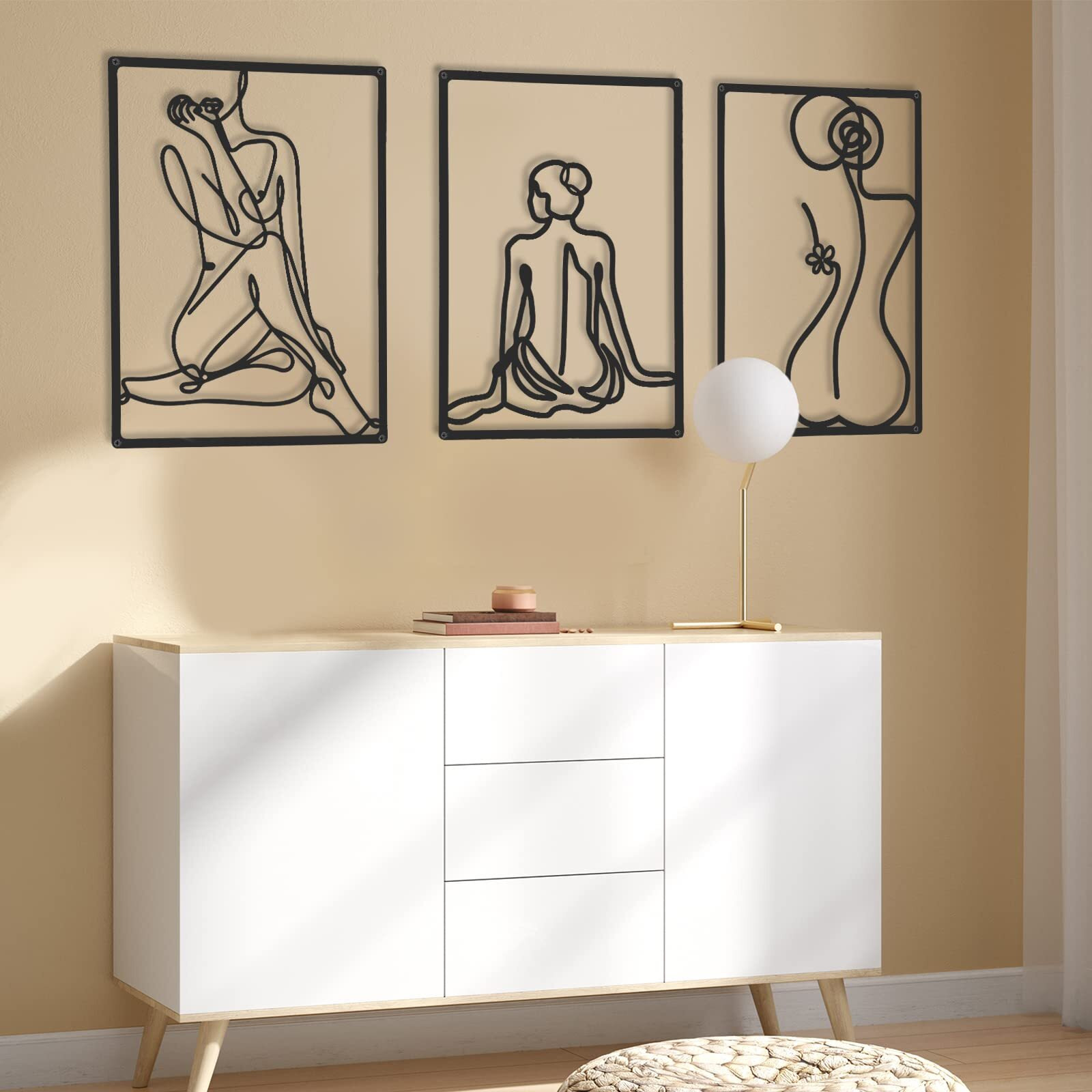 Chengu 3 Pieces Metal Minimalist Abstract Woman Wall Art Line Drawing Wall Art Decor Single Line Female Home Hanging Wall Art Decor For Kitchen Bathroom Living Room (Body Style)