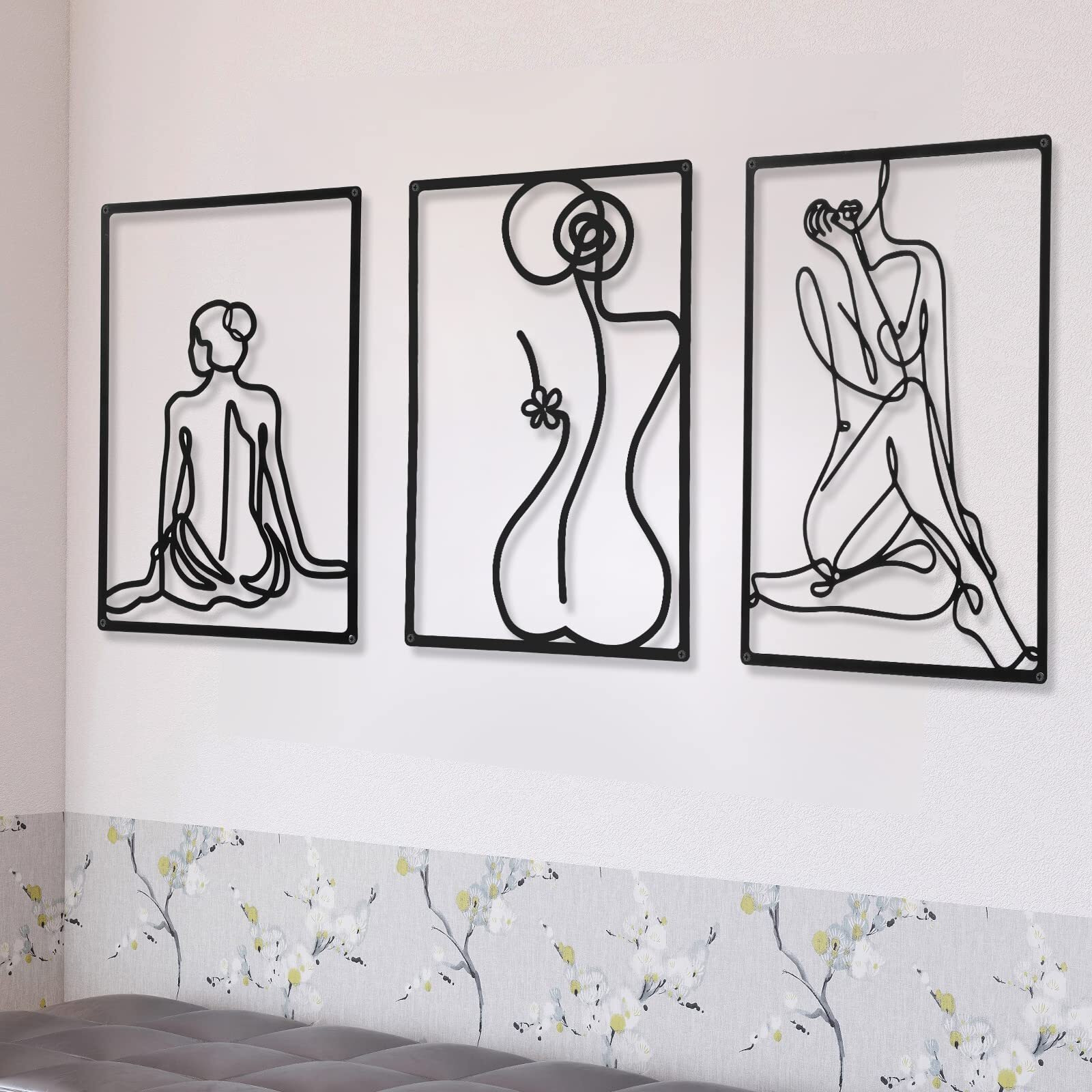 Chengu 3 Pieces Metal Minimalist Abstract Woman Wall Art Line Drawing Wall Art Decor Single Line Female Home Hanging Wall Art Decor For Kitchen Bathroom Living Room (Body Style)