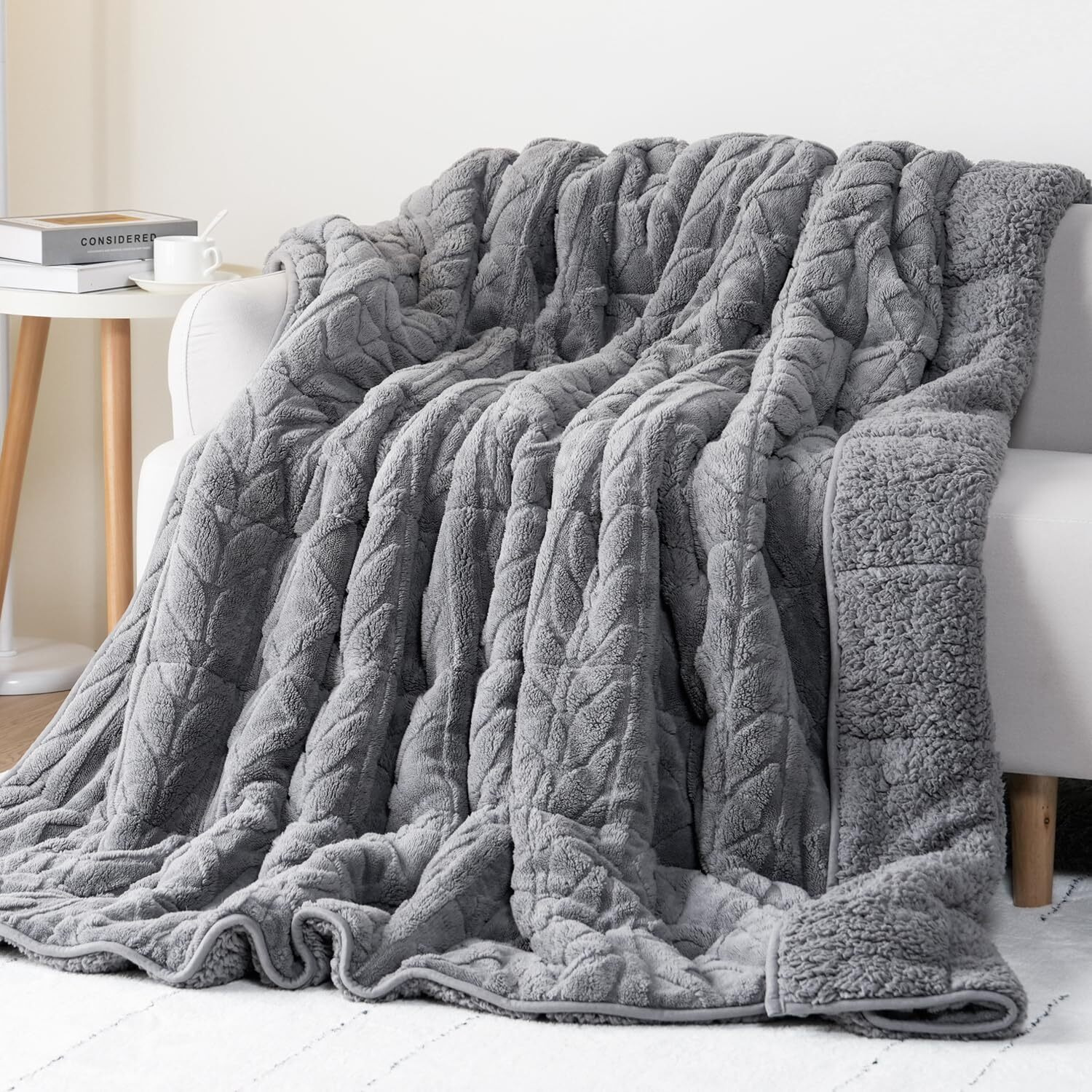 Cottonblue Weighted Blanket For Adults - Plush Cozy Sherpa Weighted Blankets For A Better Night's Sleep, Luxurious Jacquard Decor Blanket Queen Size For Bed Sofa Couch, 60X80 Inches,15Lbs,Grey