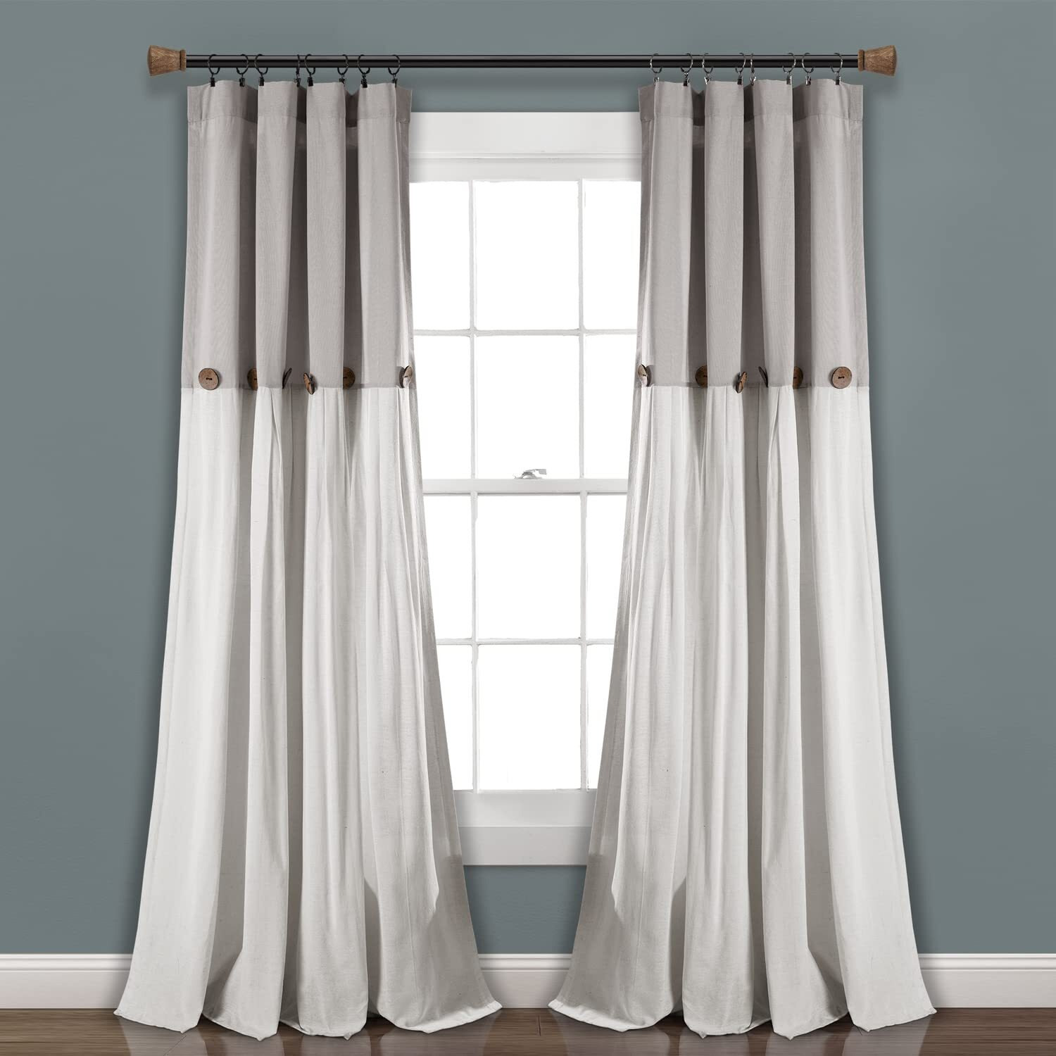Lush Decor Linen Button Window Curtain Panel, Single, 40&quot W X 120&quot L, Gray - Country Curtains - Rustic Decor - Color Block Modern Farmhouse Curtains For Living Room, Bedroom & Dining Room