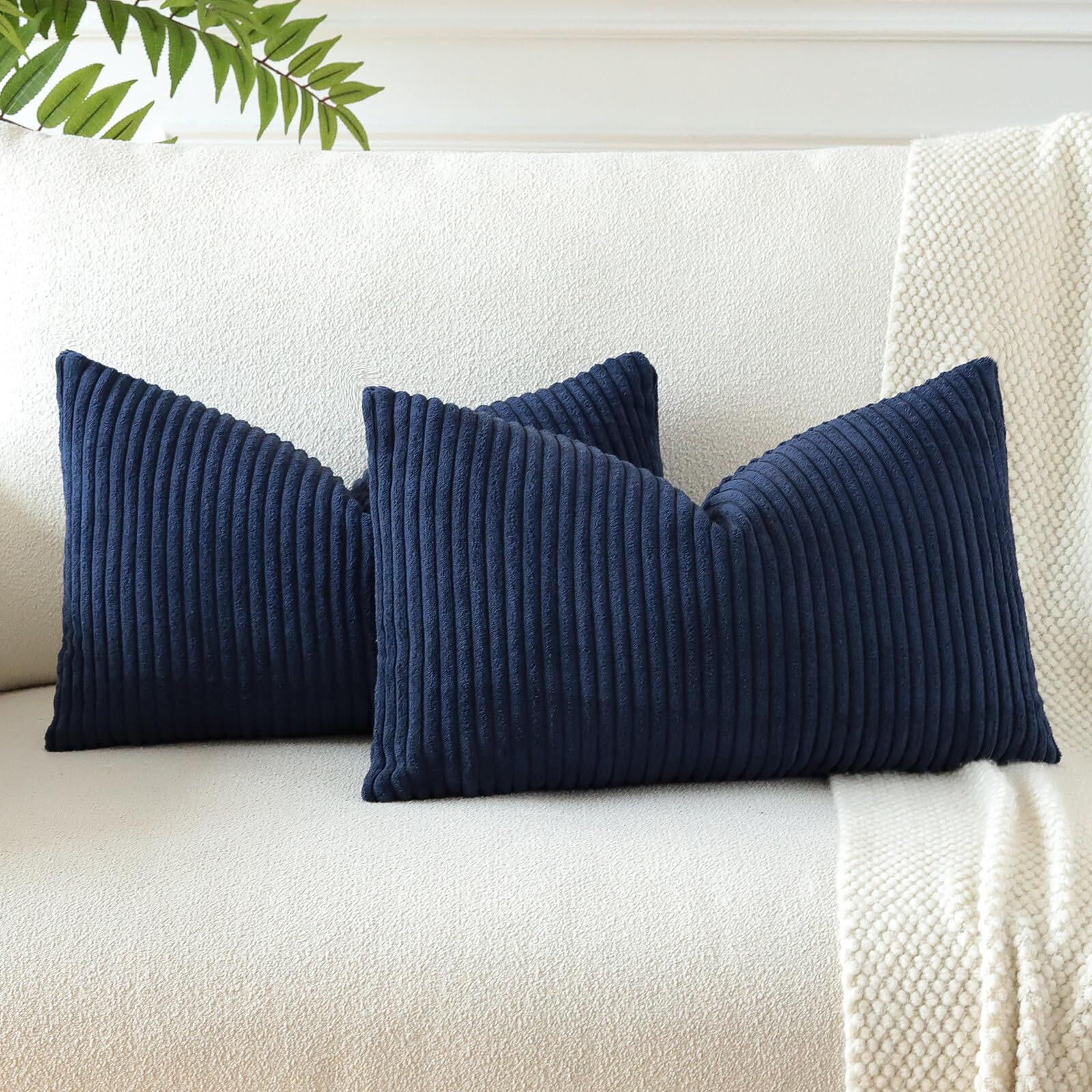 Otostar Boho Decorative Throw Pillow Covers 16 X 24 Inch Soft Corduroy Solid Striped Pillow Covers Lumbar Cushion Case Couch Pillowcases For Sofa Bed Home Decor Pack Of 2 (Navy Blue)