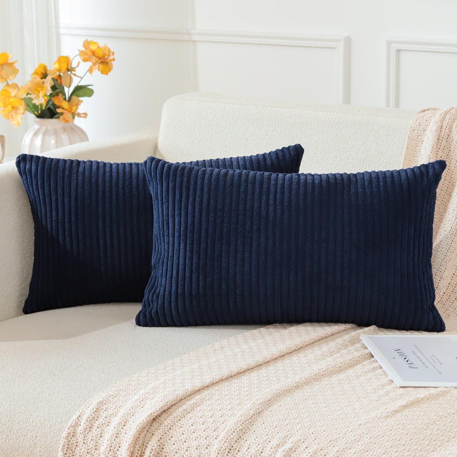 Otostar Boho Decorative Throw Pillow Covers 16 X 24 Inch Soft Corduroy Solid Striped Pillow Covers Lumbar Cushion Case Couch Pillowcases For Sofa Bed Home Decor Pack Of 2 (Navy Blue)