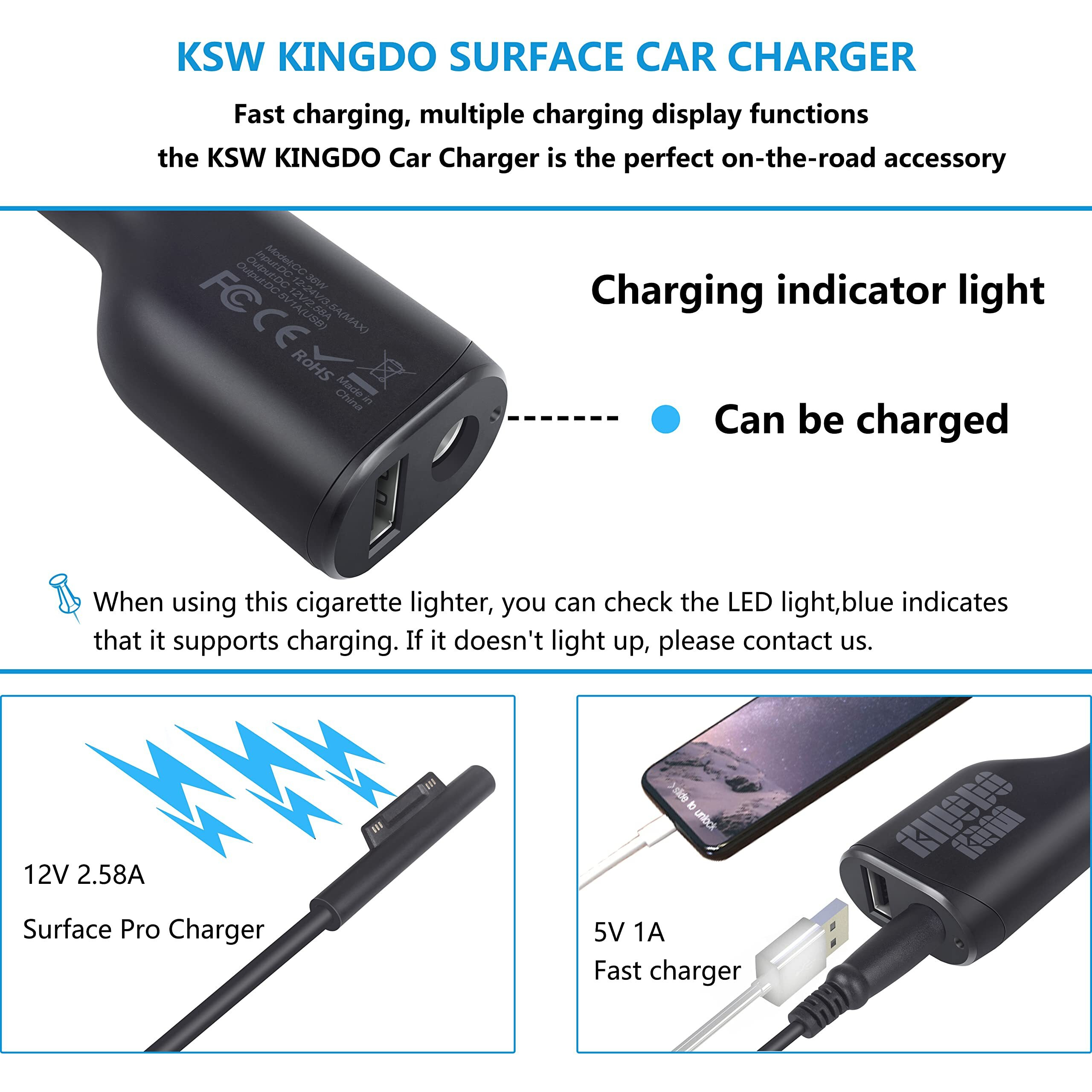 Surface Pro Car Charger Surface Laptop Car Charger,36W 12V 2.58A Power Supply For Microsoft Surface Pro 3/4/5/6/Book/Go,Surface Pro 9,Surface Laptop Car Charger With Usb 2.0 Port(5Ft Cord)&Travel Case