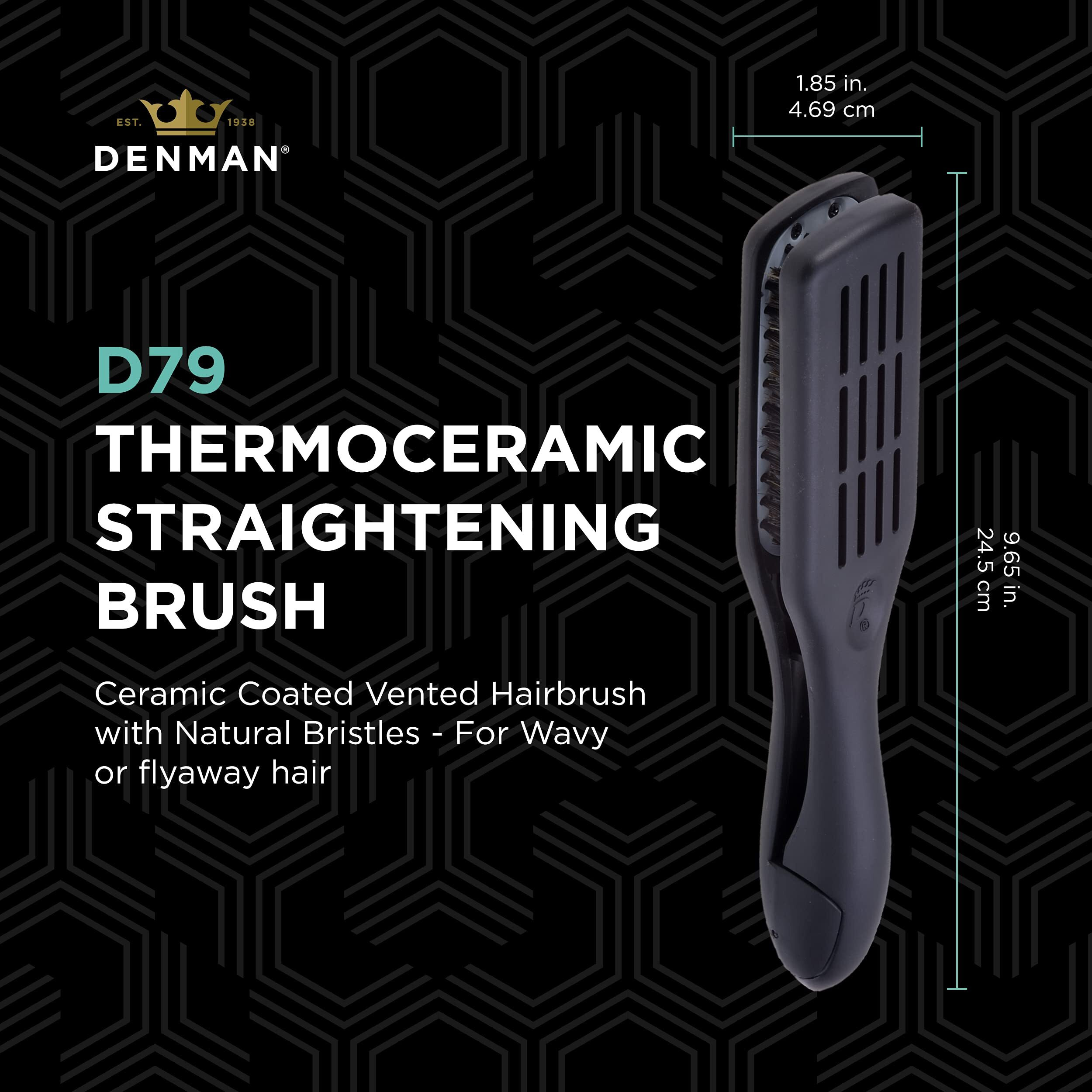 Denman D79 Thermoceramic Hair Straightening Brush - With Boar Bristles - For Wide, Wavy, Curly, Coily Hair - Black