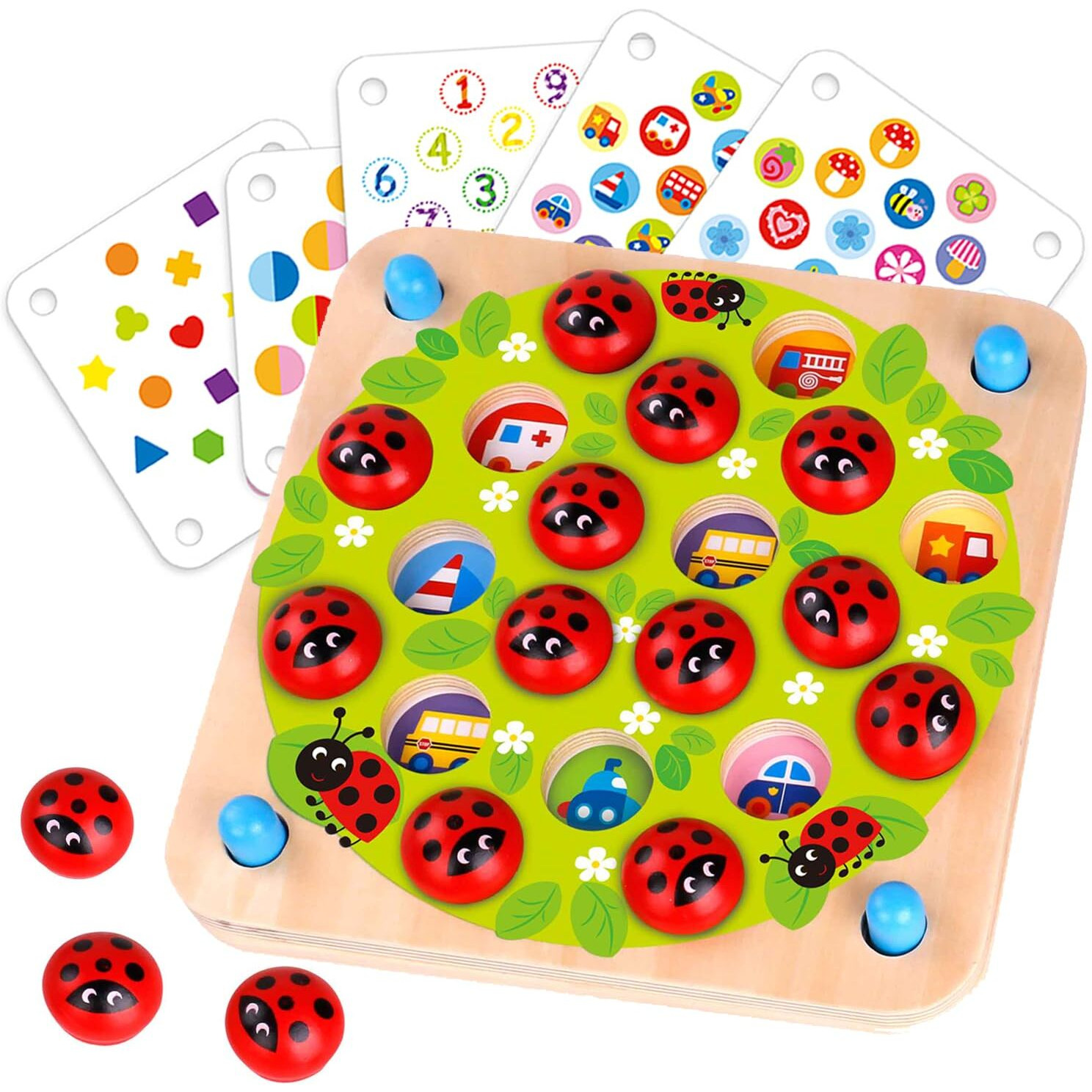 Nene Toys Ladybug Memory Game - Wooden Matching Game For Kids Age 3-5 With 10 Patterns - Educational Family Board Game