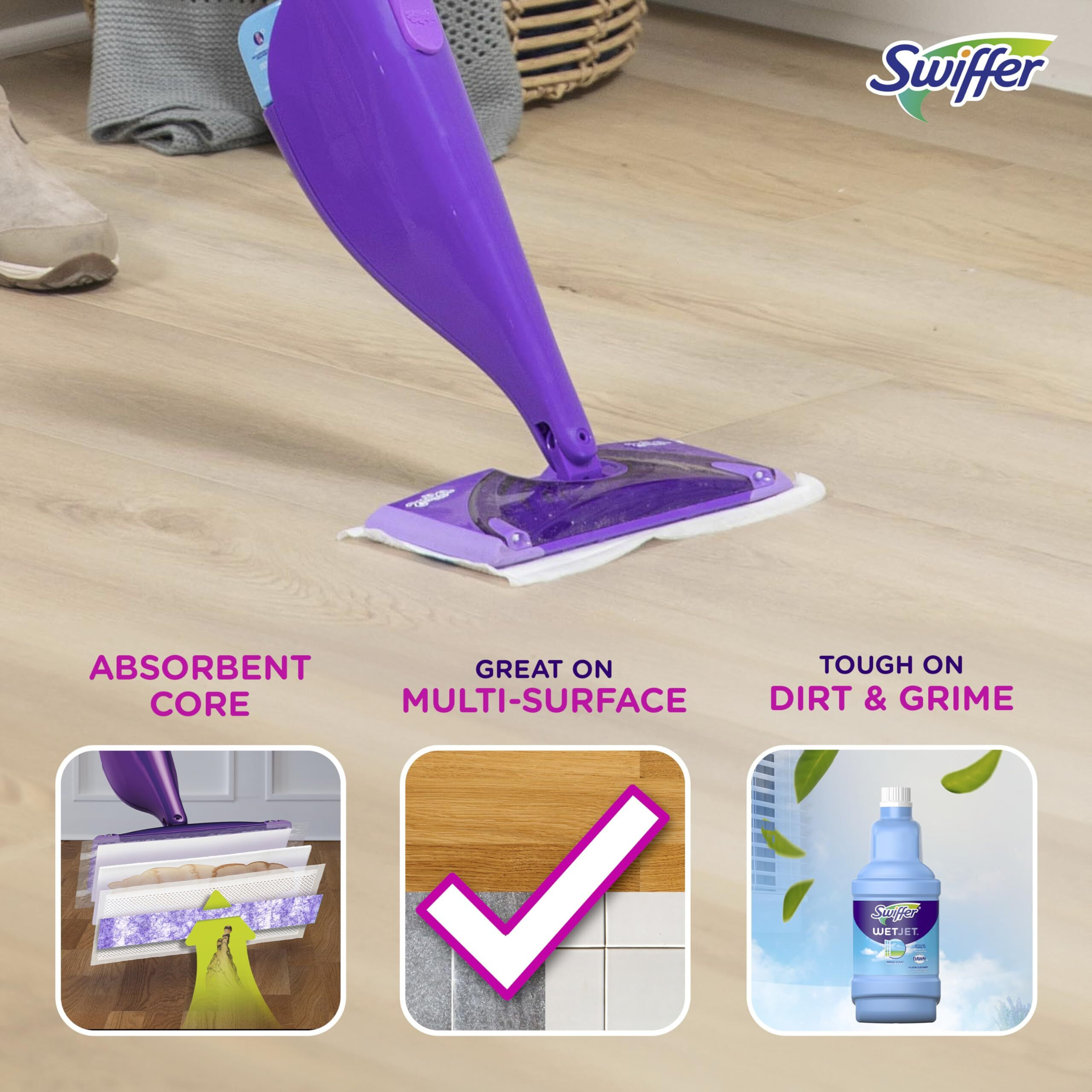 Swiffer Wetjet Hardwood Floor Cleaner Spray Mop Pad Refill, Bathroom Cleaning Supplies, Hardwood Floor Cleaner, Multi Surface, 24 Count