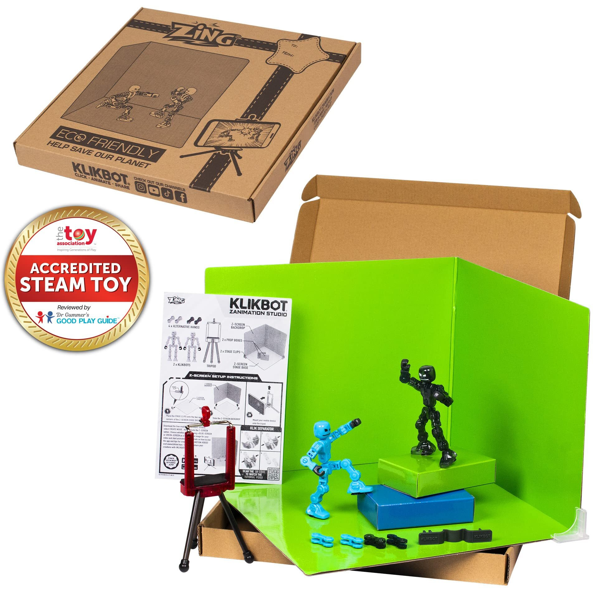 Zing Klikbot Zanimation Studio - Includes 2 Klikbots, Phone Stand/Holder And 2 Sided Backdrop Screen, For Ages 6 And Up