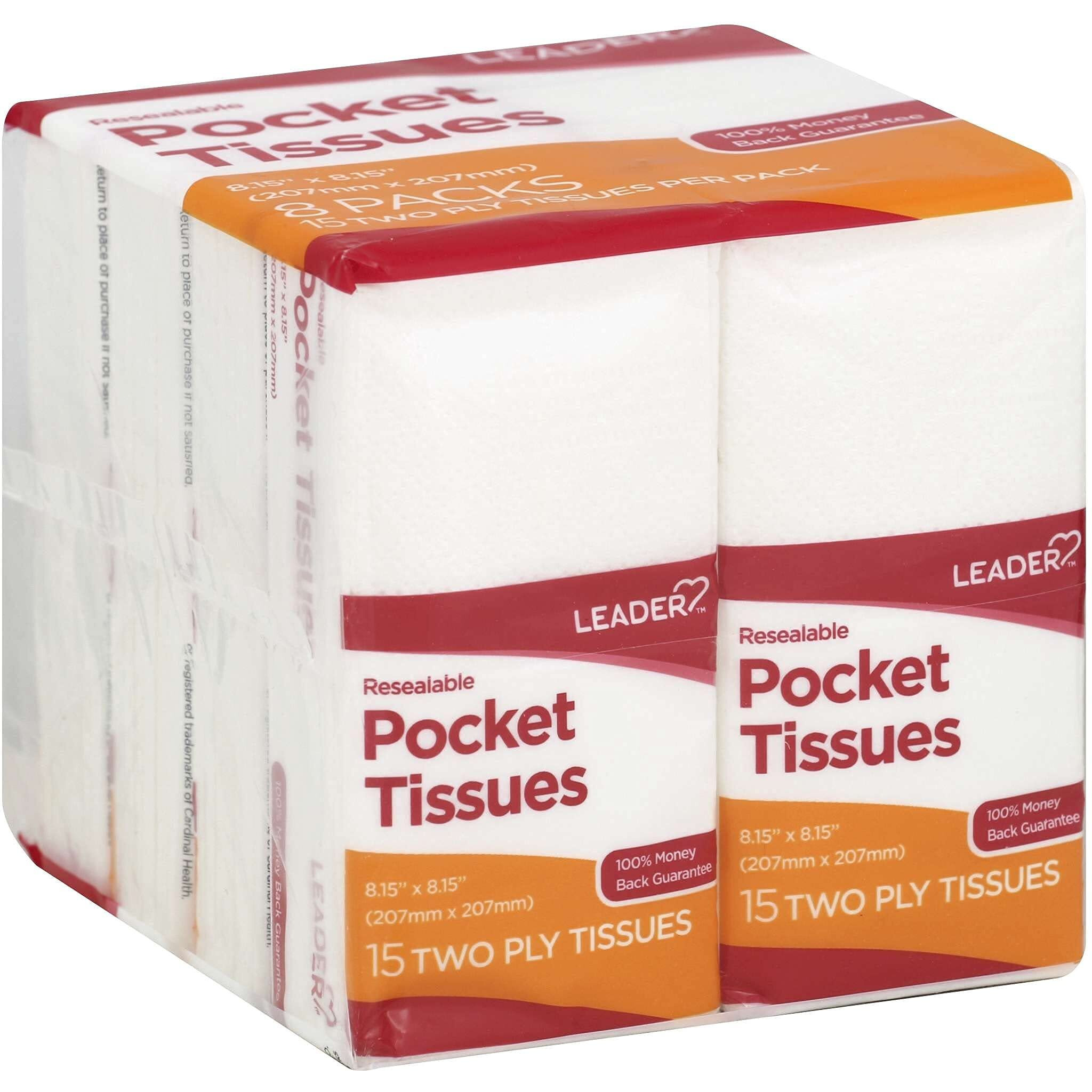 Leader Soft 2-Ply Facial Tissues Pocket Packs, Pure Cotton, On-The-Go Travel Size, Resealable, 24 Packs Of 15 (360 Tissues)