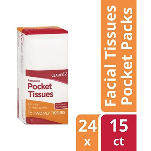 Leader Soft 2-Ply Facial Tissues Pocket Packs, Pure Cotton, On-The-Go Travel Size, Resealable, 24 Packs Of 15 (360 Tissues)