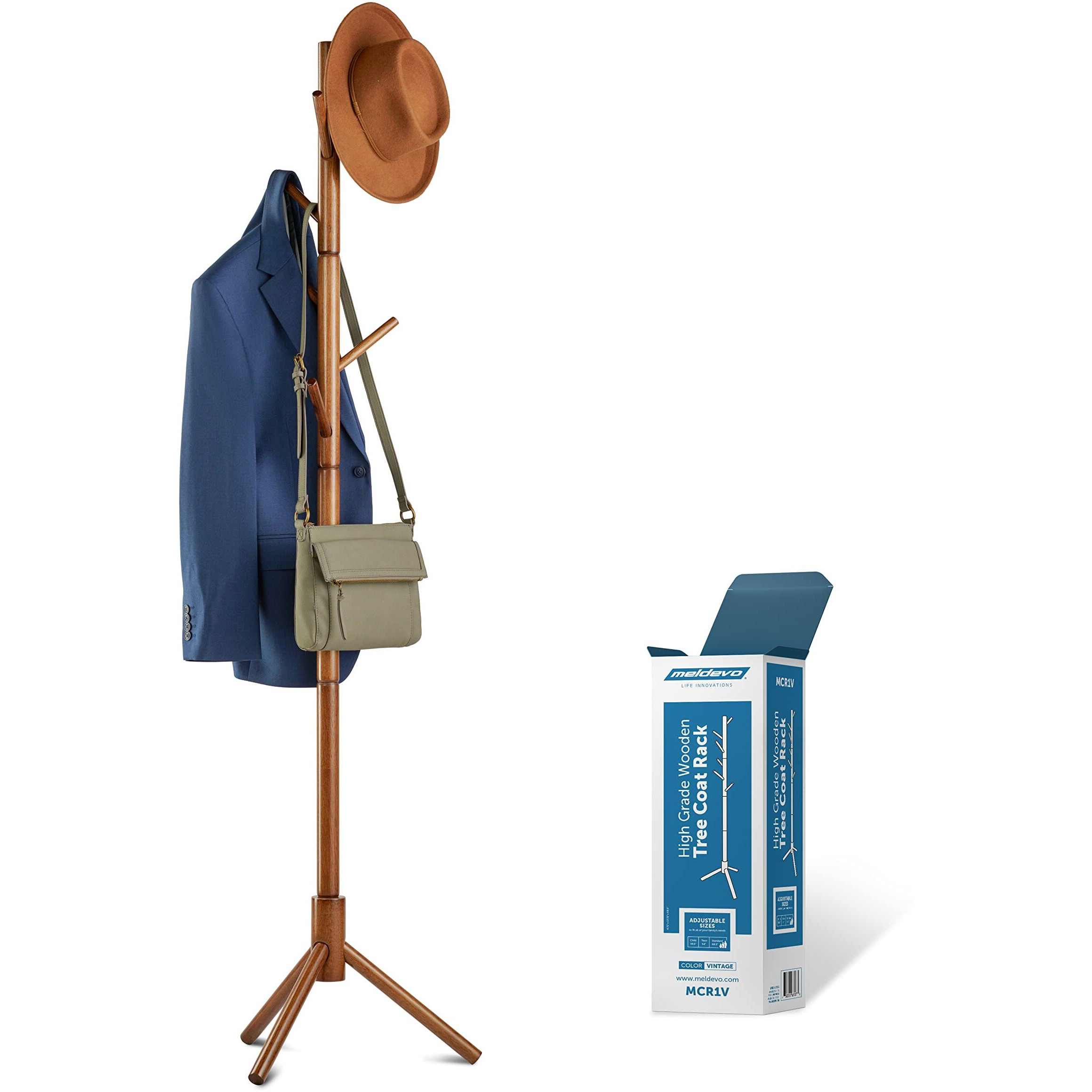 Meldevo Wooden Tree Coat Rack Stand, 6 Hooks - 3 Adjustable Sizes Free Standing Coat Rack, Hallway/Entryway Coat Hanger Stand For Clothes, Suits, Accessories