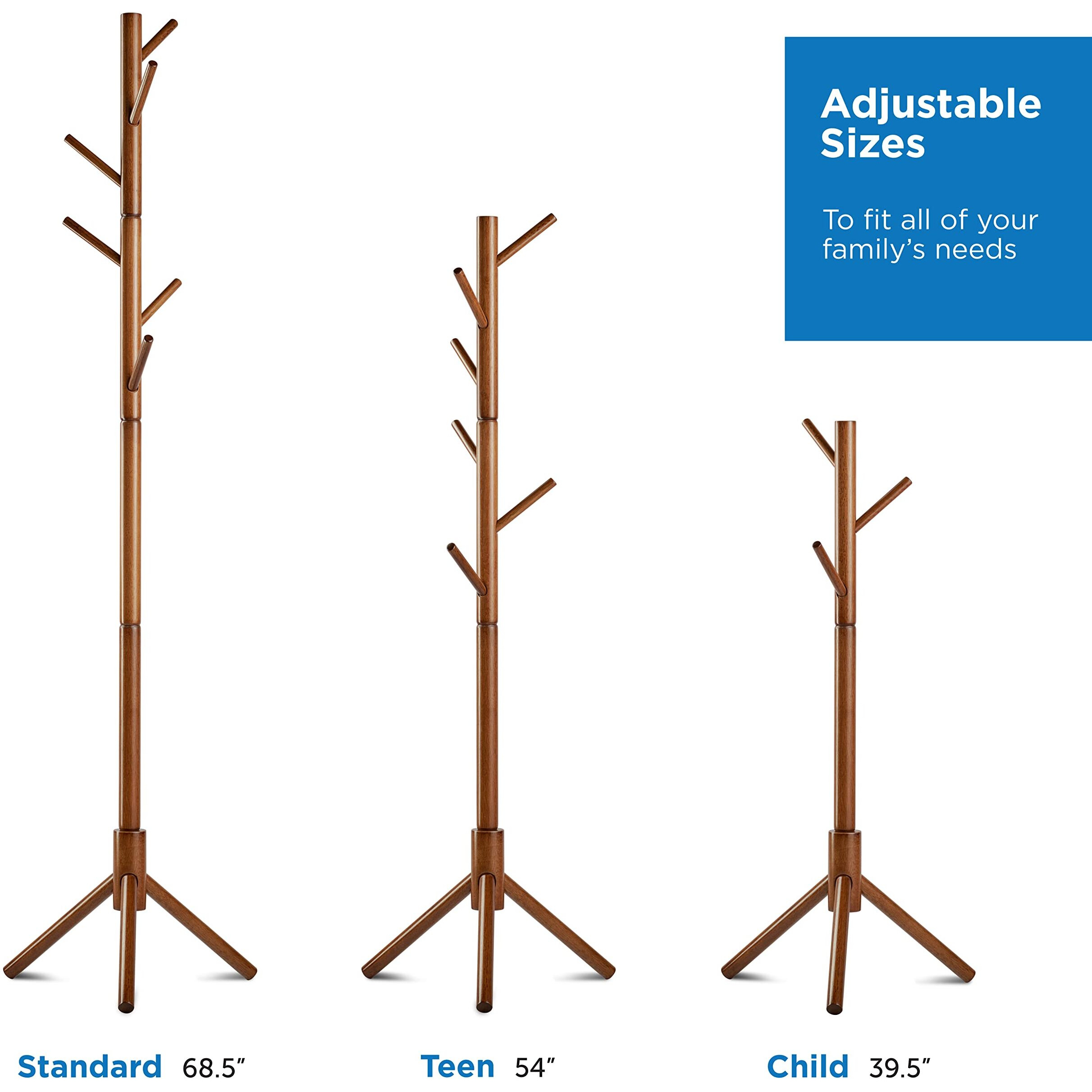 Meldevo Wooden Tree Coat Rack Stand, 6 Hooks - 3 Adjustable Sizes Free Standing Coat Rack, Hallway/Entryway Coat Hanger Stand For Clothes, Suits, Accessories