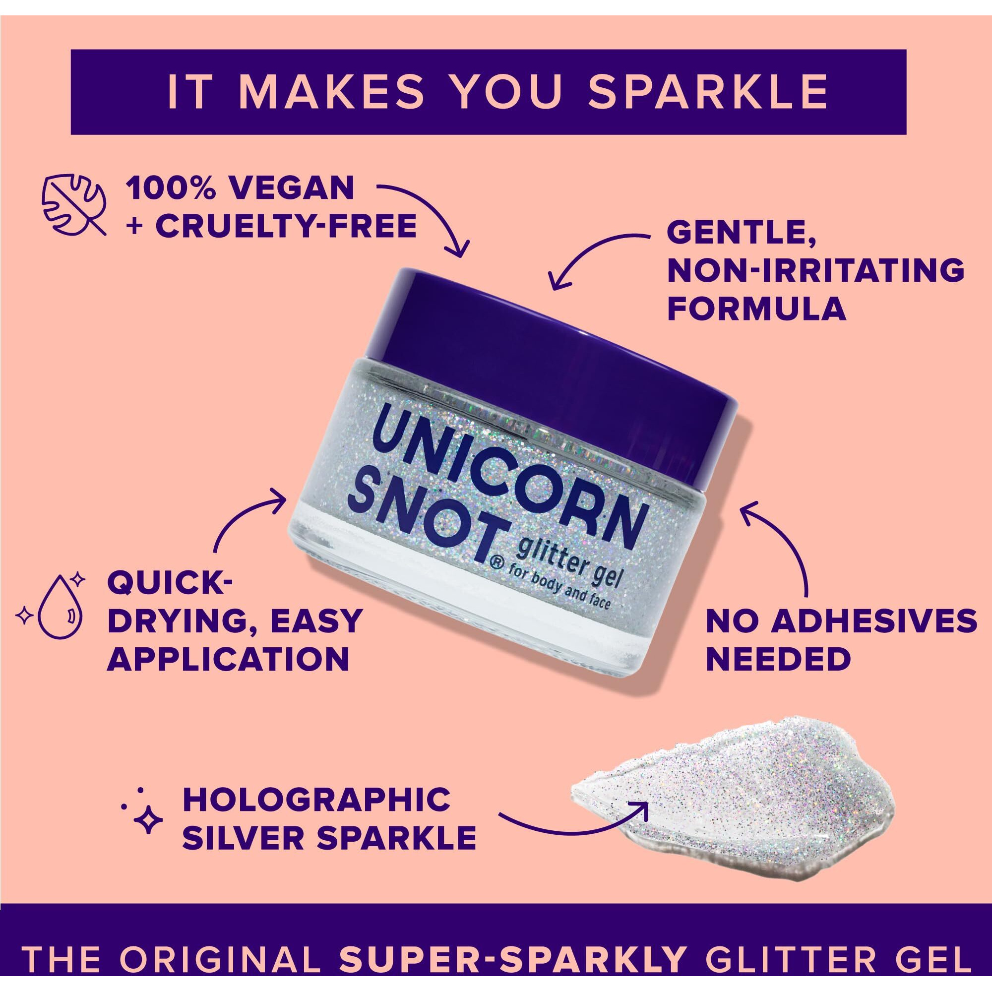 Unicorn Snot Face & Body Glitter Gel - Cosmetic-Grade Holographic Glitter - Festival, Anime Cosplay, Halloween Costume Makeup - Safe For Face, Easy Application & Removal -Silver Glitter, 1.7Oz (Disco)