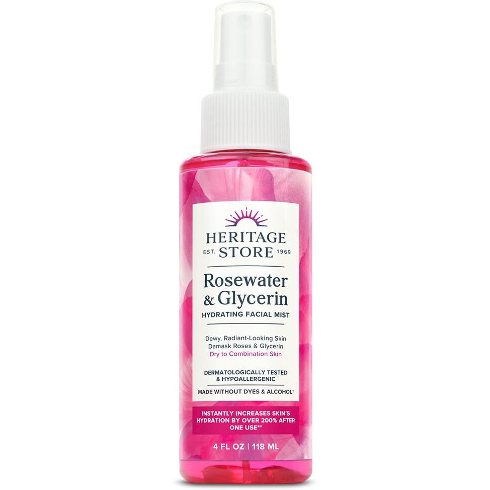 Heritage Store Rosewater & Glycerin Hydrating Facial Mist - Dry Combination Skin Care - Rose Water Spray W/ Vegetable Glycerine, Made Without Dyes Or Alcohol, Hypoallergenic, Vegan, Cruelty Free, 4Oz
