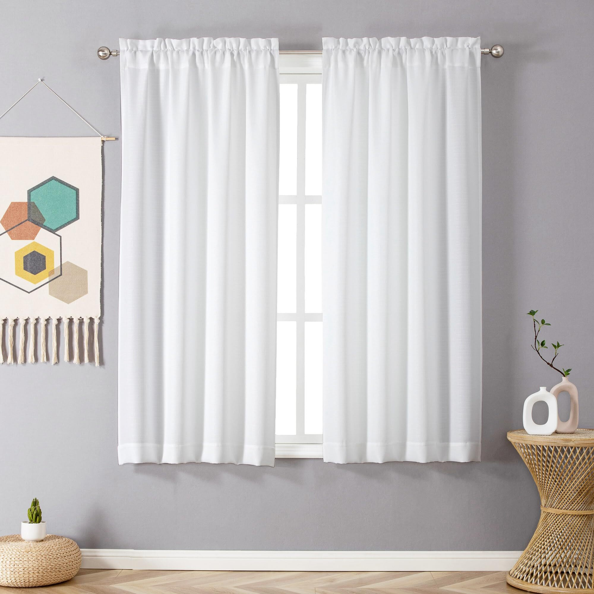 Chyhomenyc White Curtains 63 Inch Length 2 Panels, Faux Linen Textured Semi Sheer Light Filtering Soft Airy Rod Pocket Window Treatment Drapes For Living Room Bedroom, 40Wx63L Inch, Set Of 2