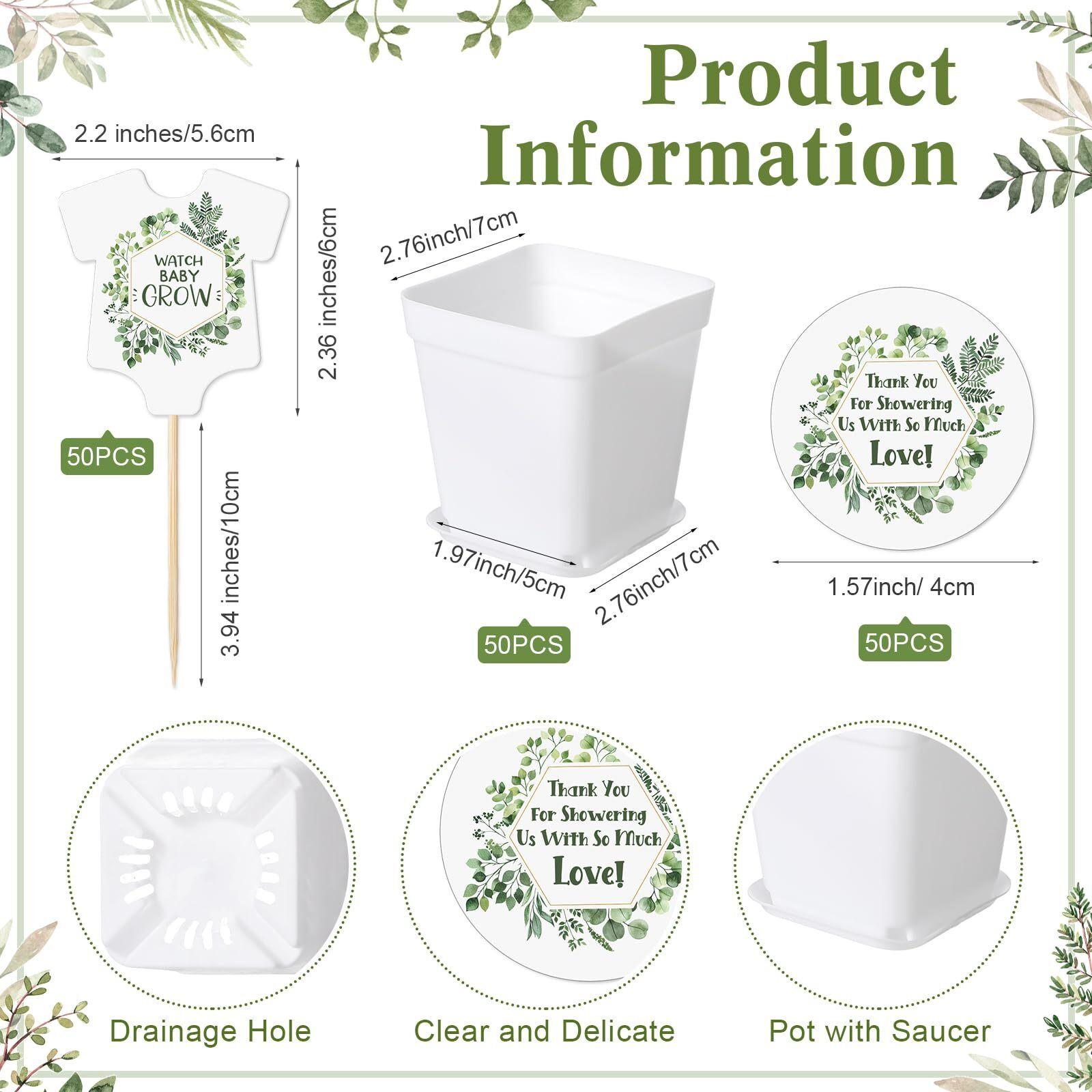 Zhehao 151 Pcs Baby Shower Succulents Favors Include 1 Greenery Baby Shower Sign 50 Watch Me Grow Succulent Tags 50 Succulent Pots Plant Pots 50 Stickers Baby Shower Favors (Potted Plant Style)