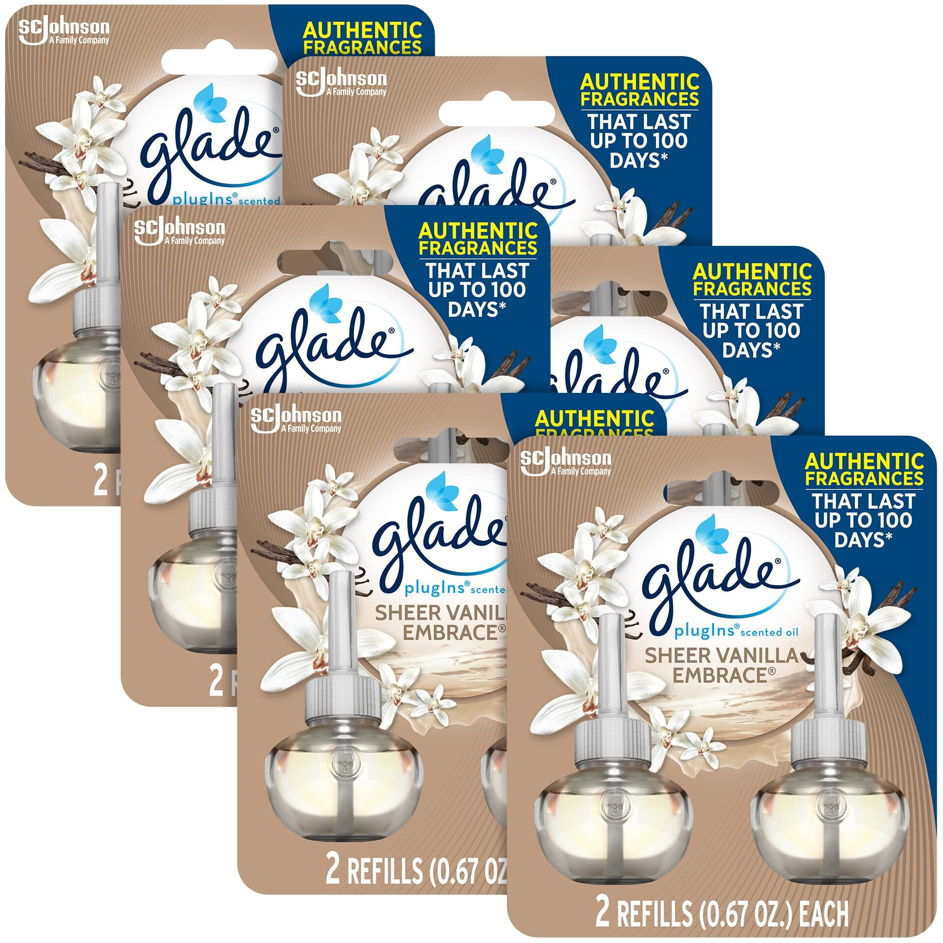 Glade Plugins Refills Air Freshener, Scented And Essential Oils For Home And Bathroom, Sheer Vanilla Embrace, 1.34 Oz, 12 Count