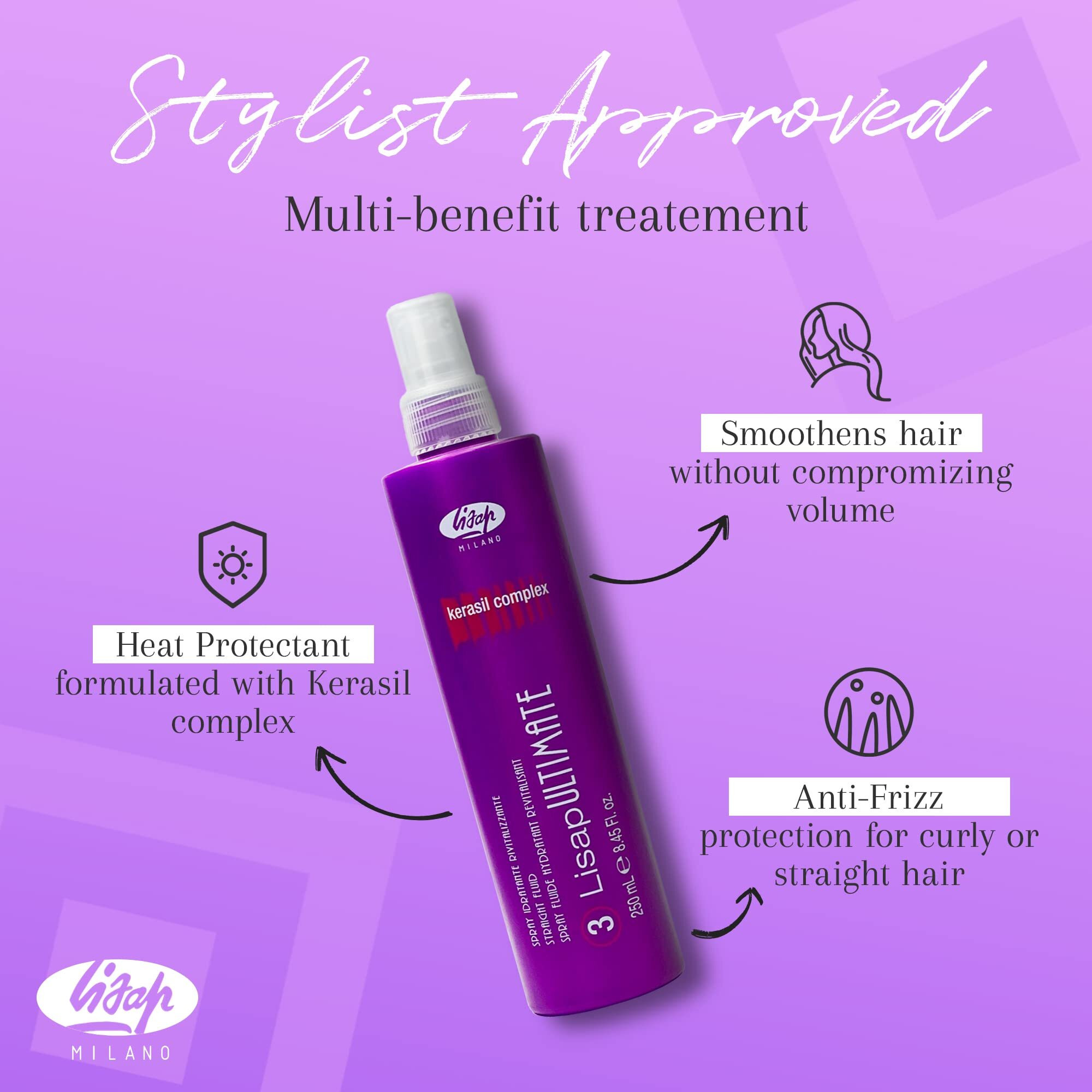 Lisap Ultimate Straight Fluid, Frizz-Smoothening Spray With Heat Protection For All Hair Types