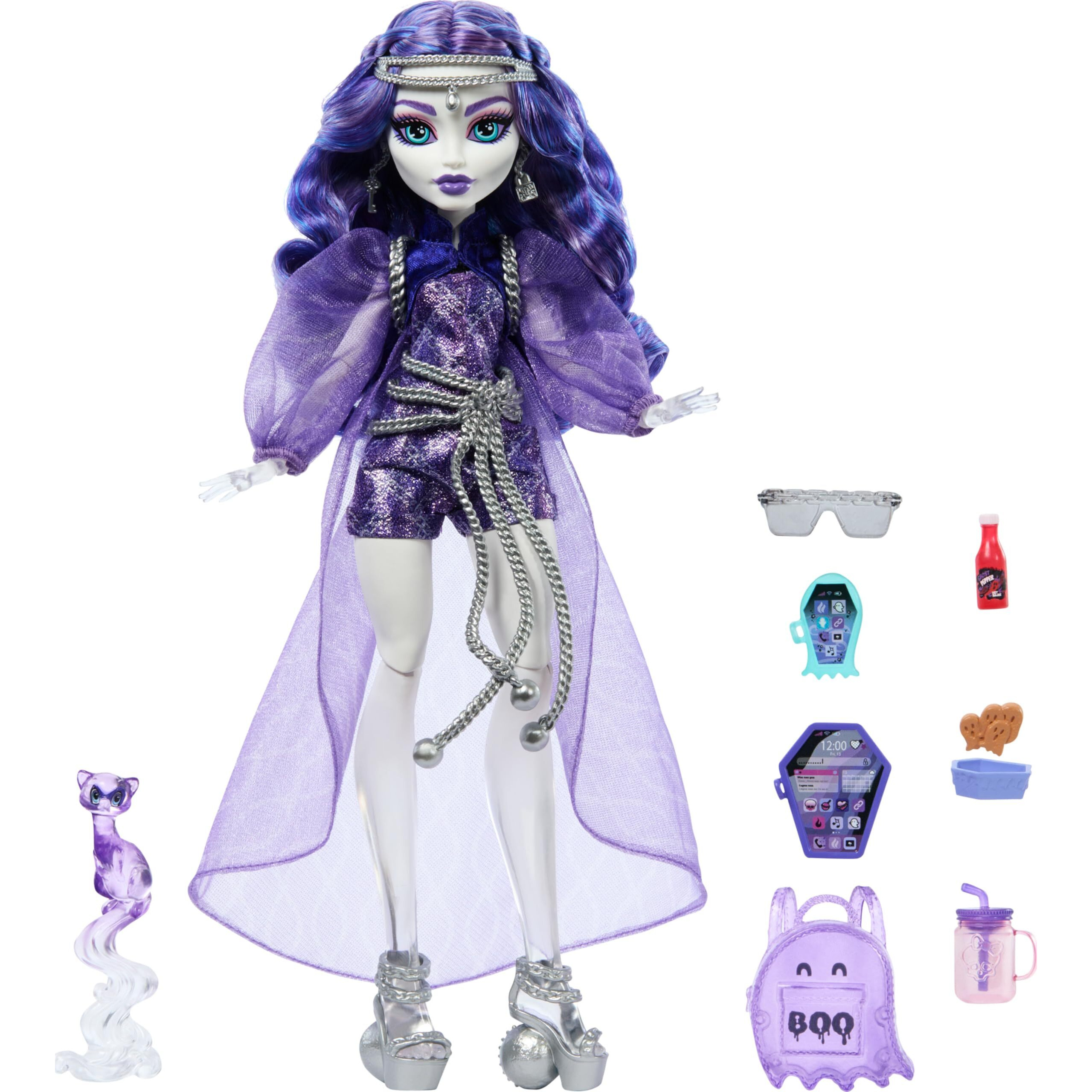 Monster High Spectra Vondergeist Doll With Pet Ferret Rhuen And Accessories Like Backpack, Tablet, Snacks And More