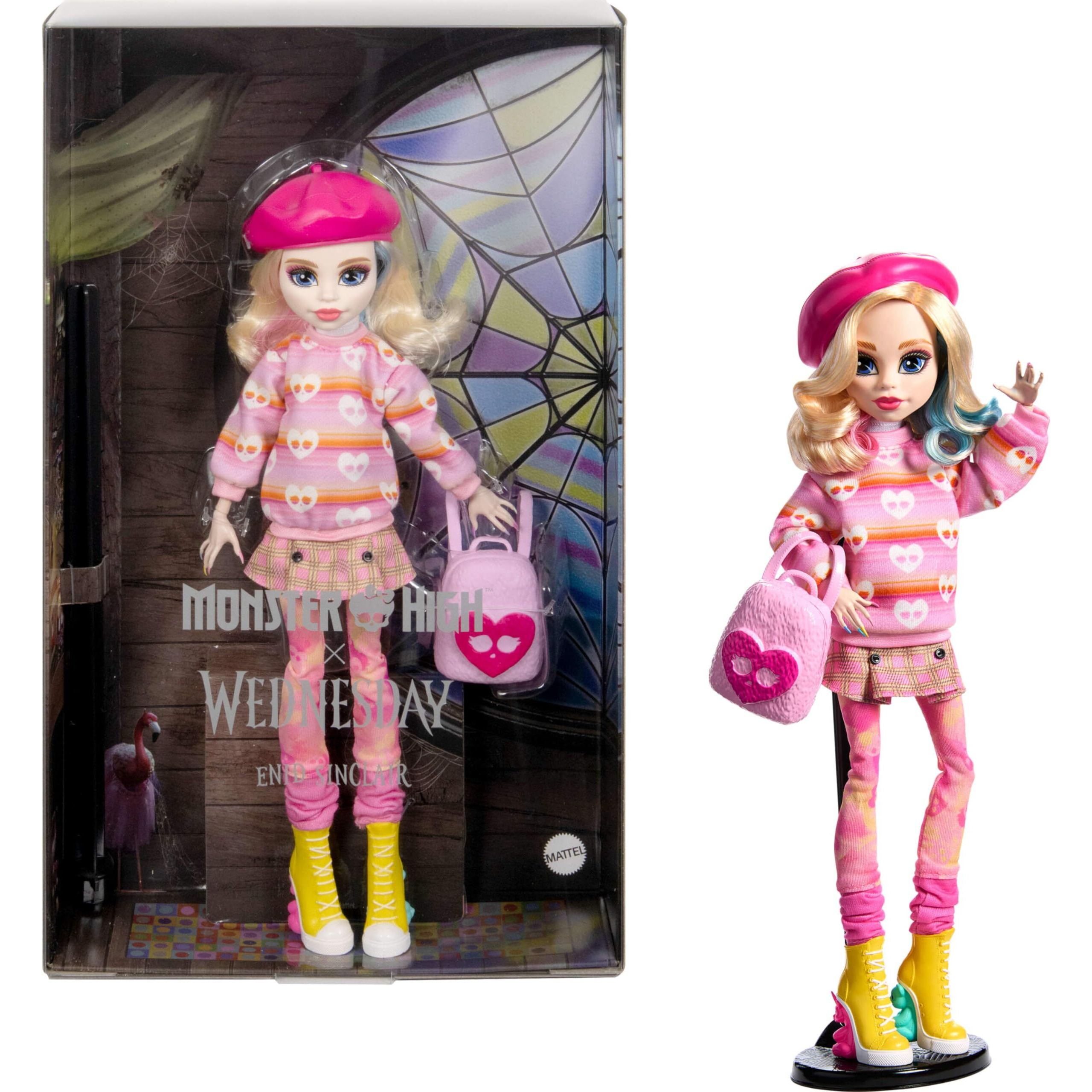 Monster High Wednesday Doll And Accessories, Enid Sinclair Collectible In Pink Fashion With Beret And Backpack, Doll Stand