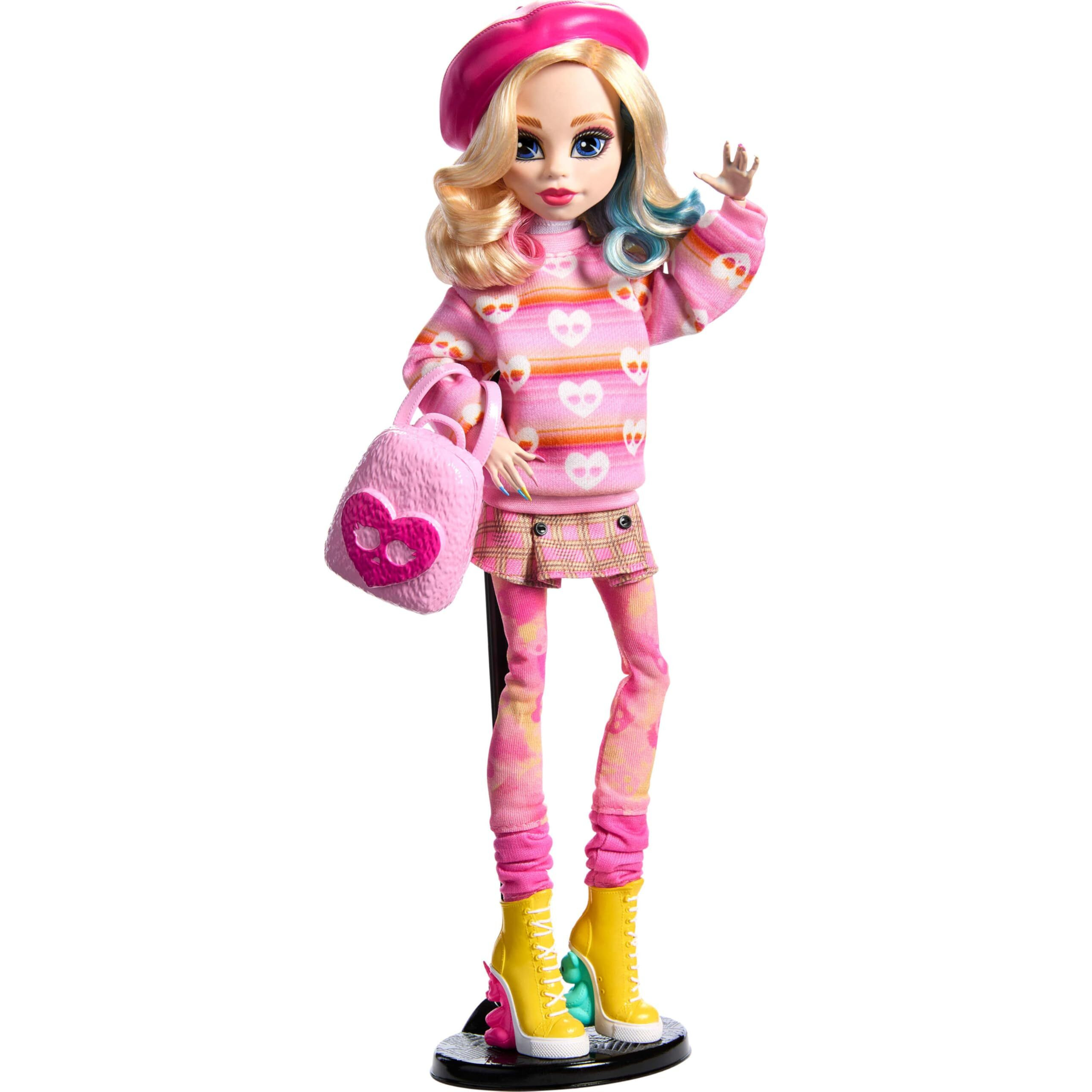 Monster High Wednesday Doll And Accessories, Enid Sinclair Collectible In Pink Fashion With Beret And Backpack, Doll Stand