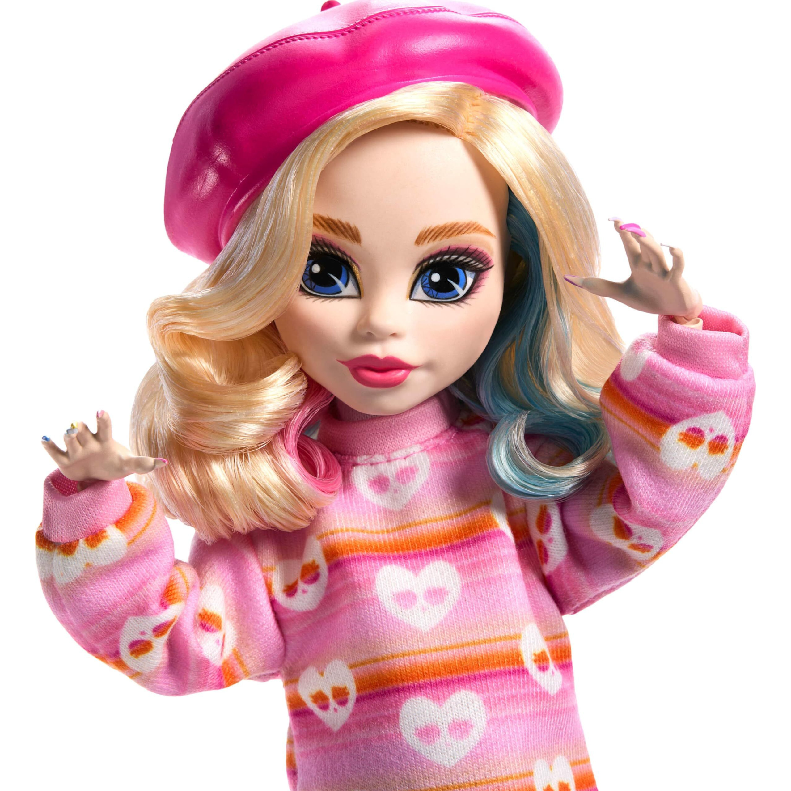 Monster High Wednesday Doll And Accessories, Enid Sinclair Collectible In Pink Fashion With Beret And Backpack, Doll Stand